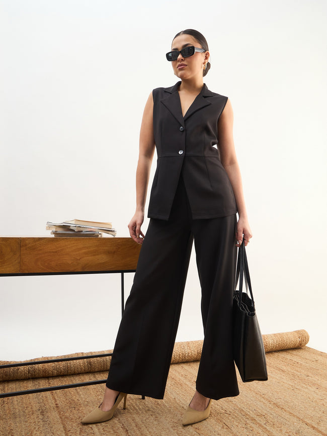 Women Black Notch Collar Sleeveless Regular Top