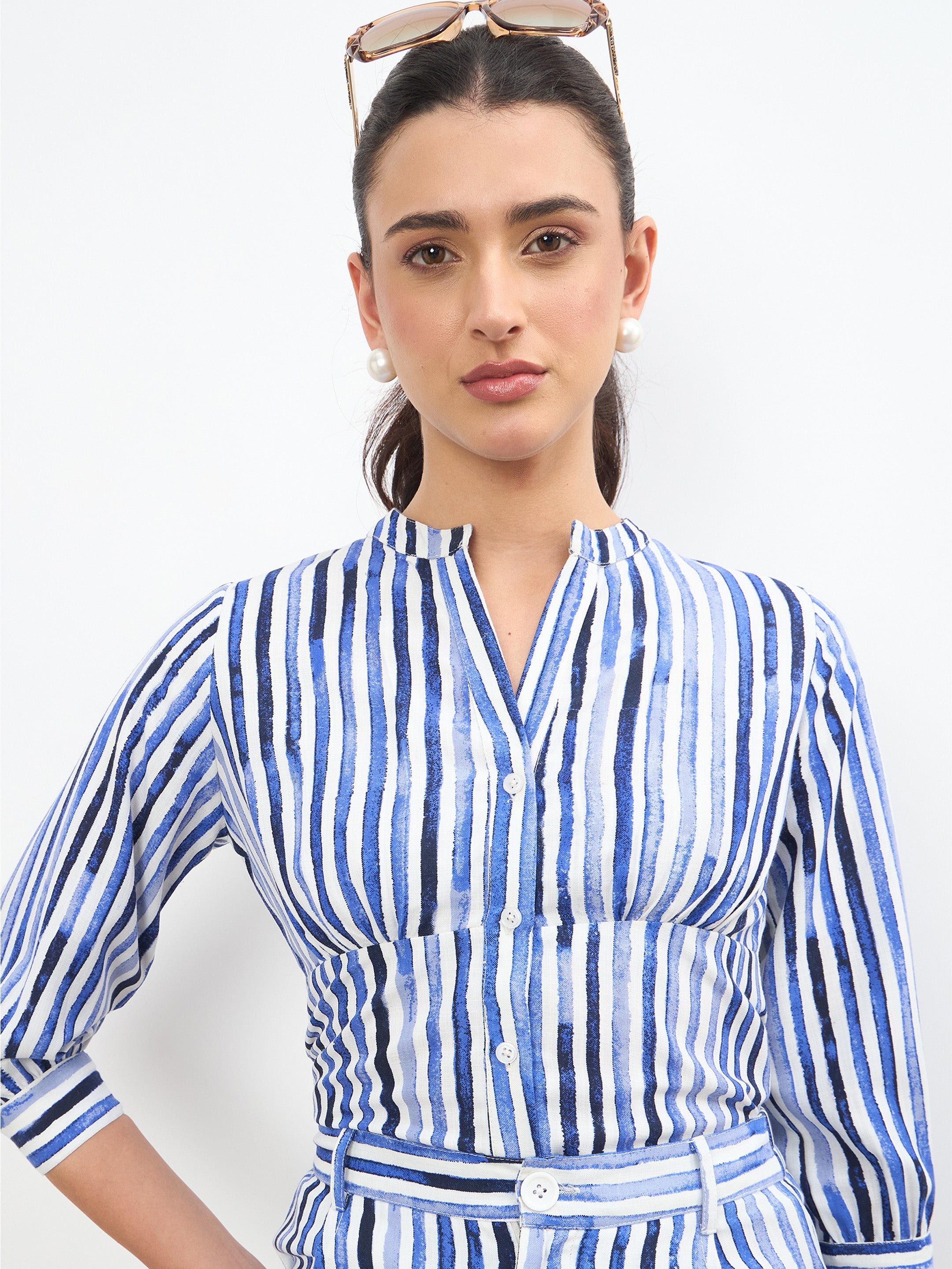 Women Blue Linen Striped V Neck Front Button Top