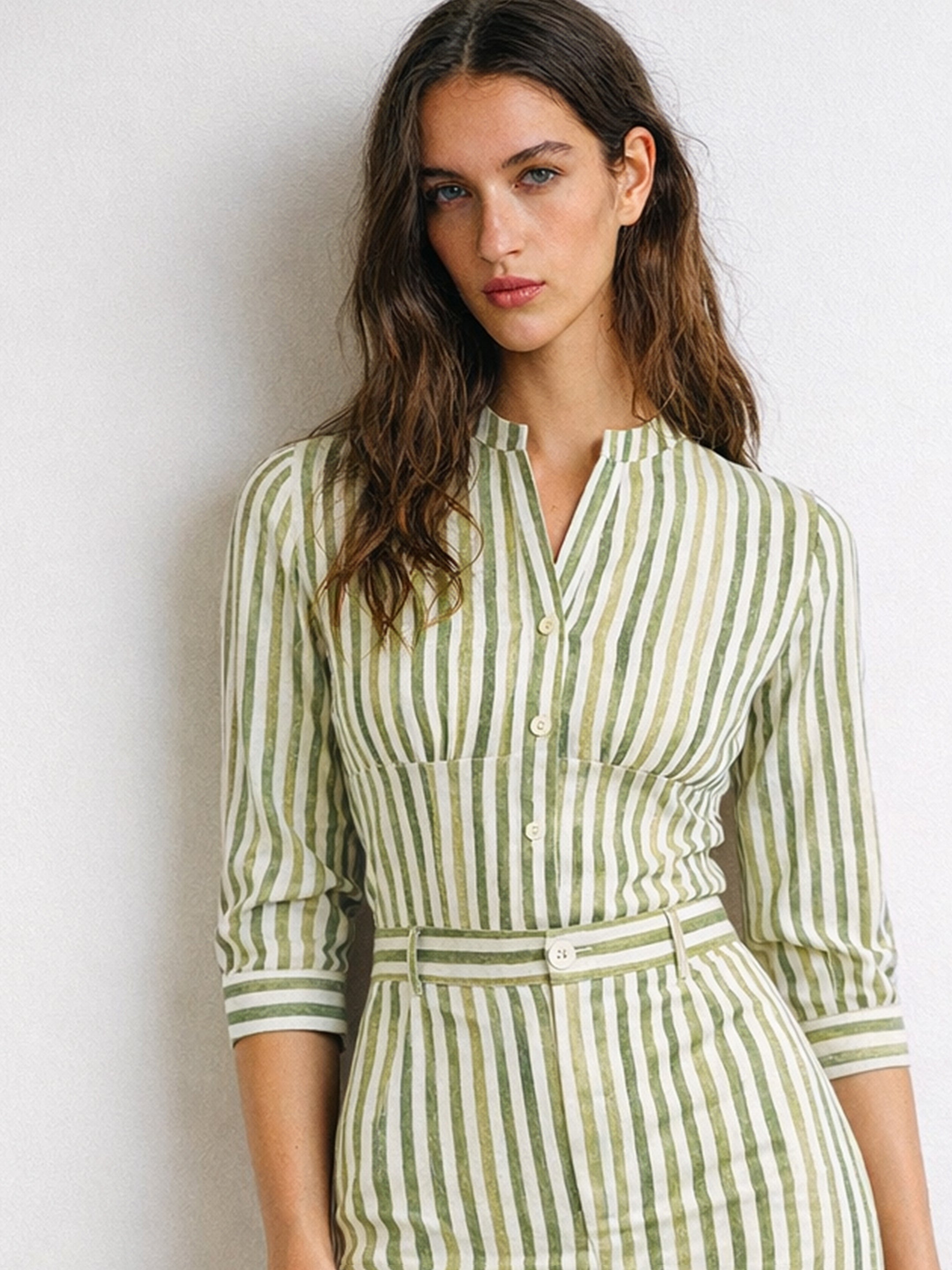 Women Green Linen Striped V Neck Front Button Top