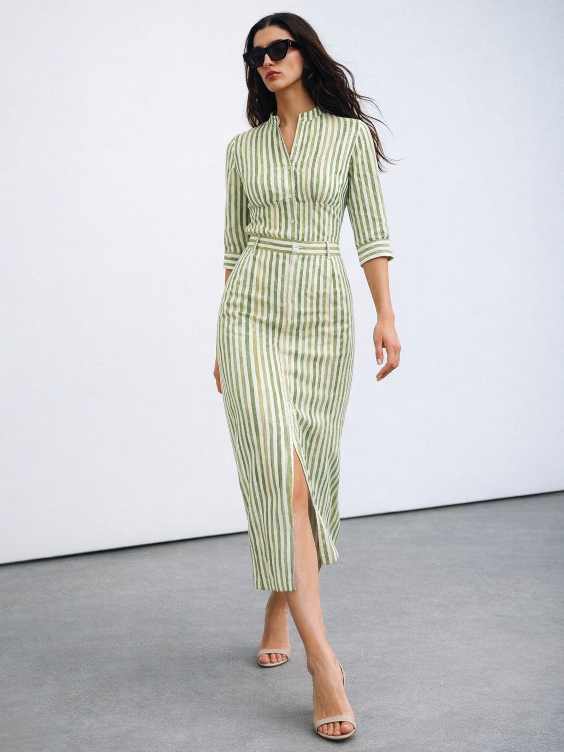 Women Green Linen Striped V Neck Front Button Top