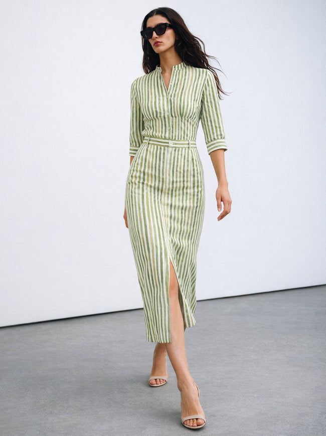 Women Green Linen Striped V Neck Front Button Top