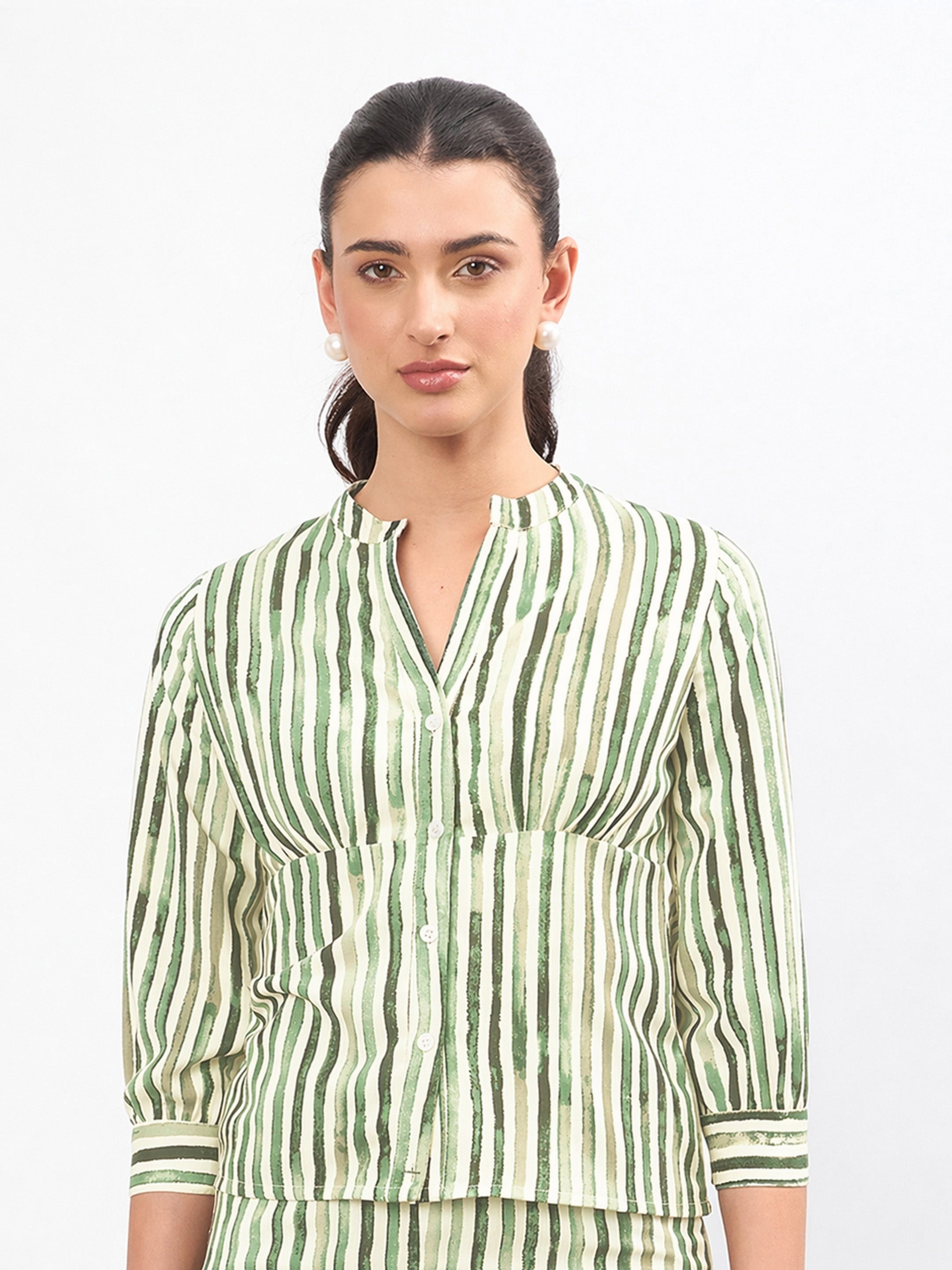 Women Green Linen Striped V Neck Front Button Top