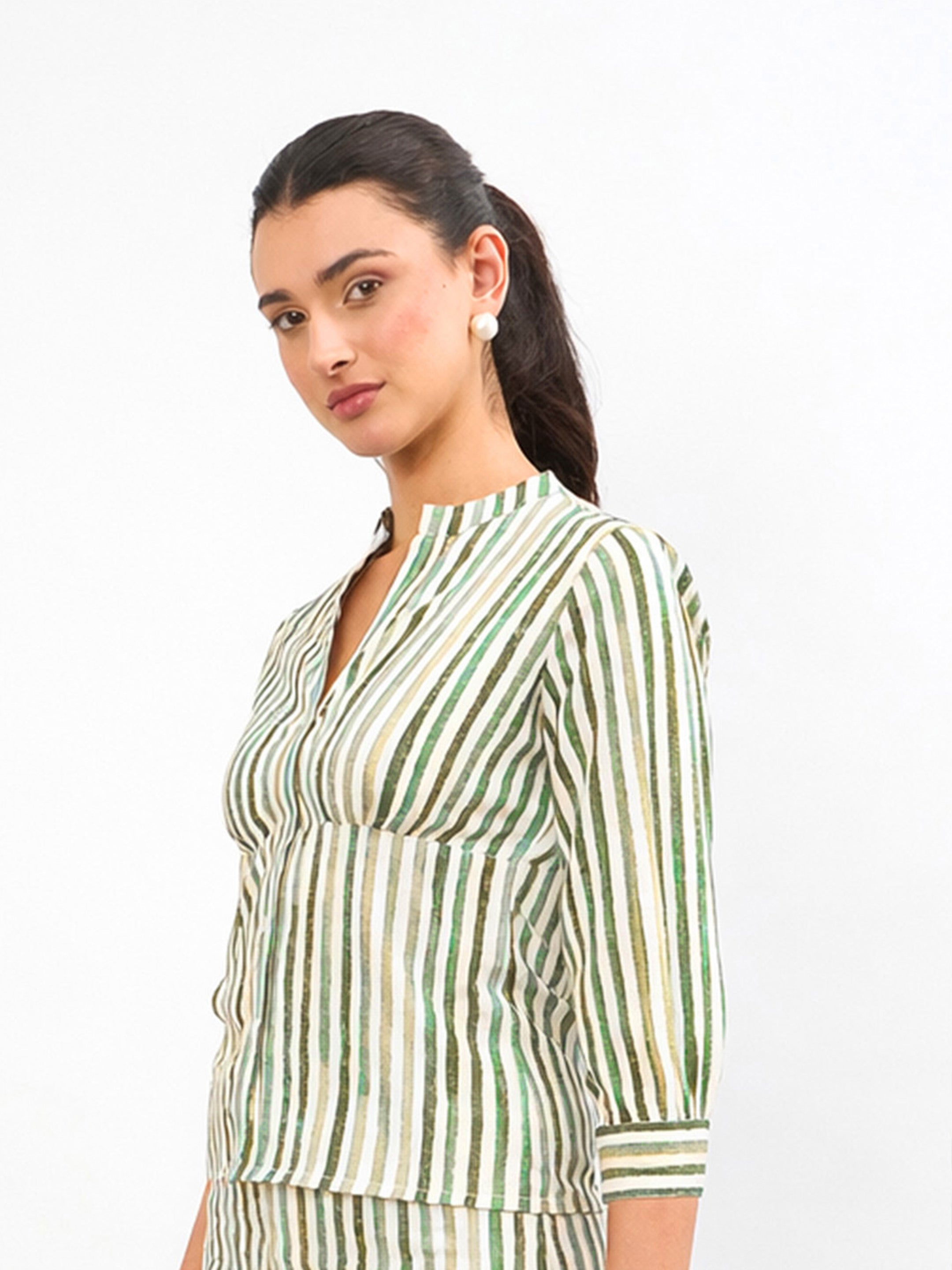 Women Green Linen Striped V Neck Front Button Top