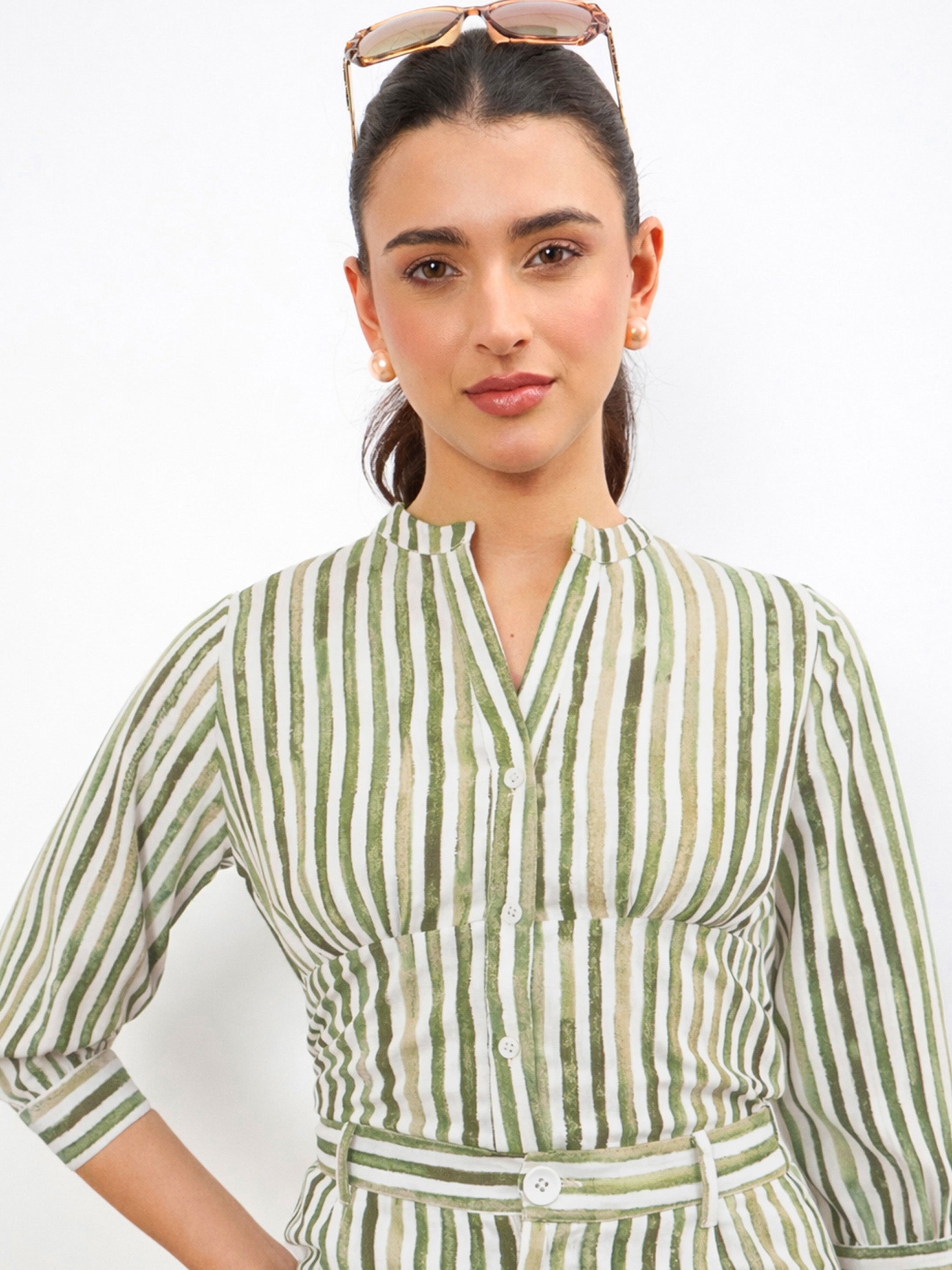 Women Green Linen Striped V Neck Front Button Top