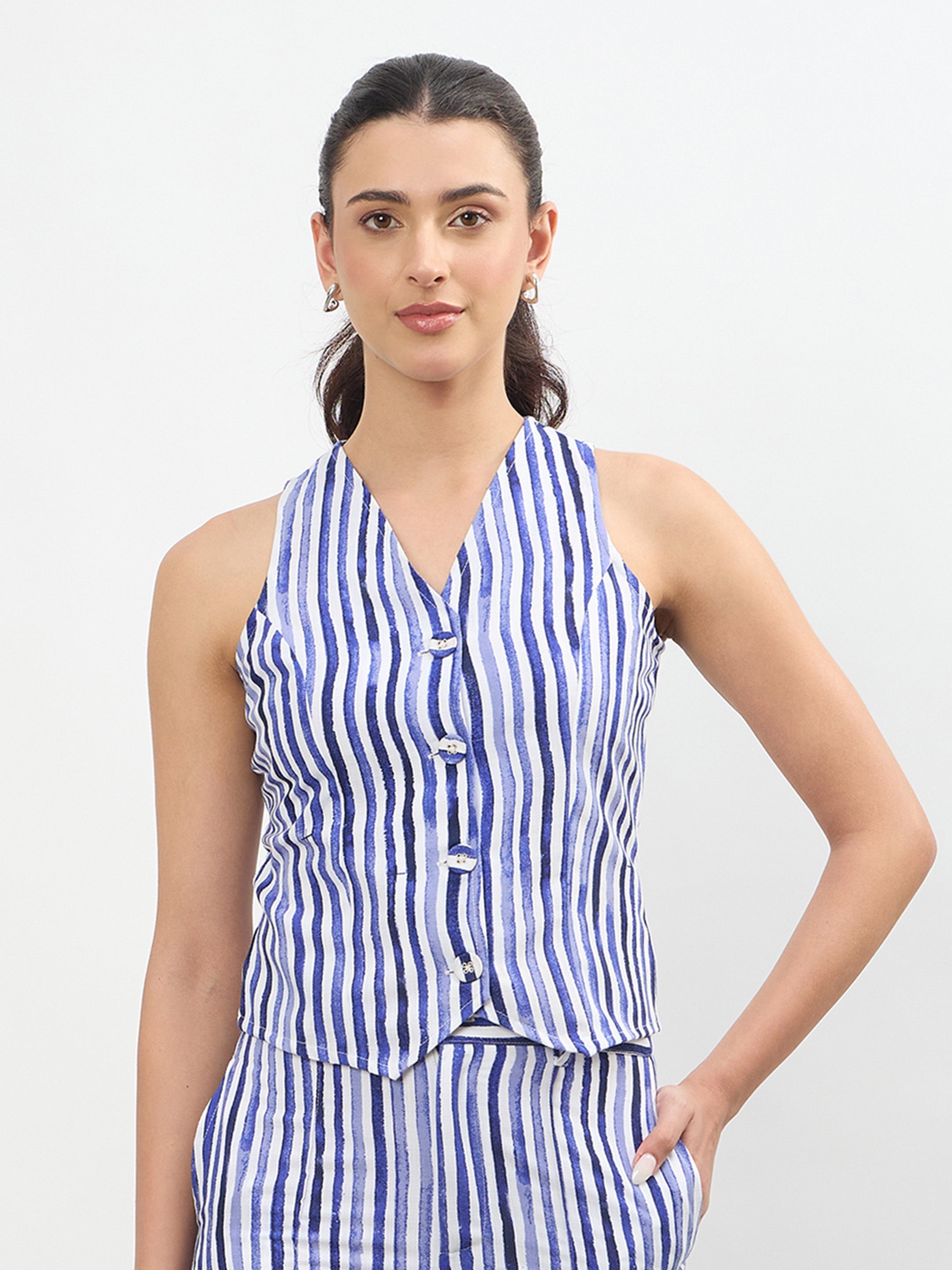 Women Blue Linen Striped V Neck Front Button Vest Top