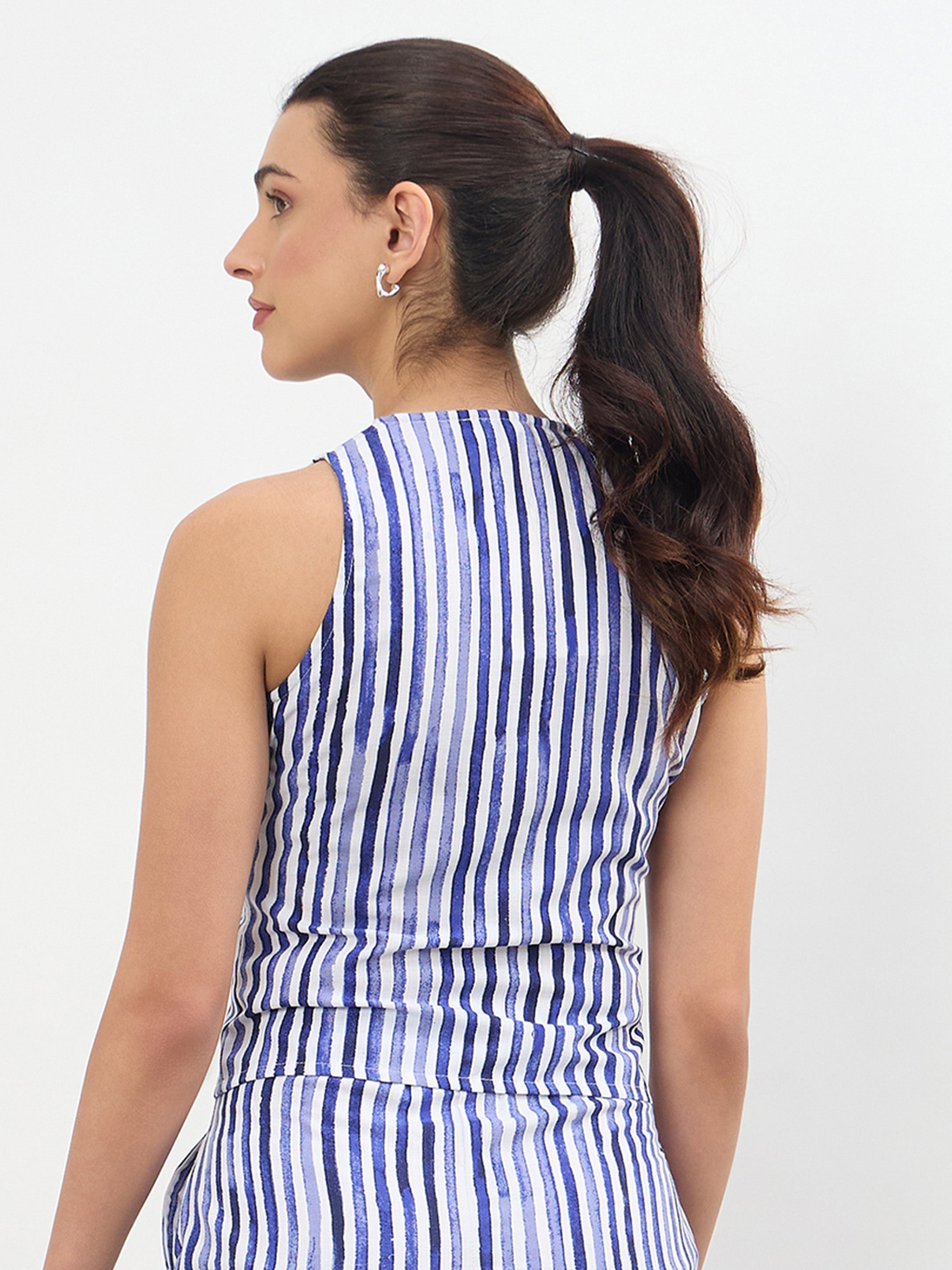 Women Blue Linen Striped V Neck Front Button Vest Top