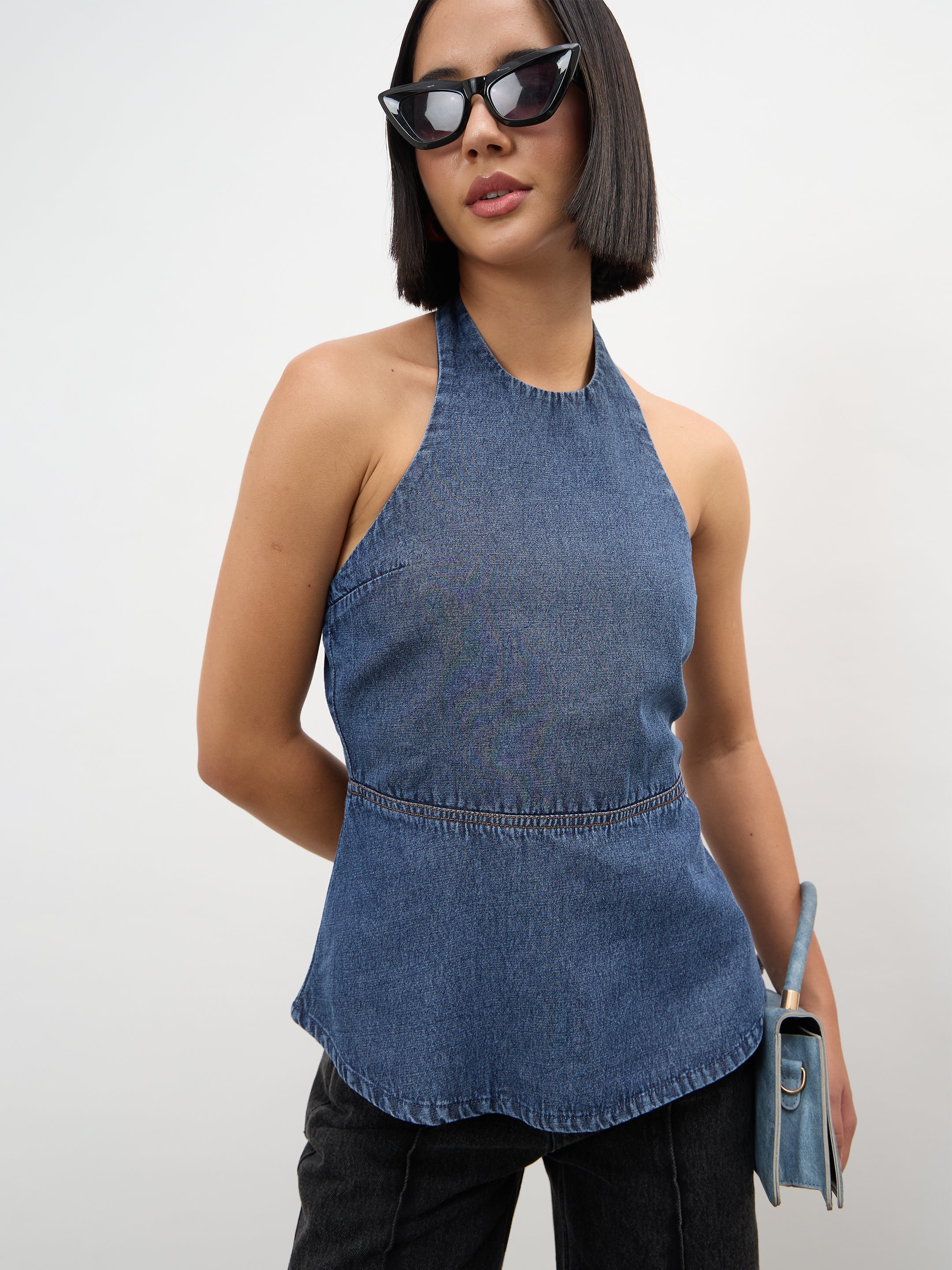 Women Blue Blast Tencel Halter Neck Peplum Top