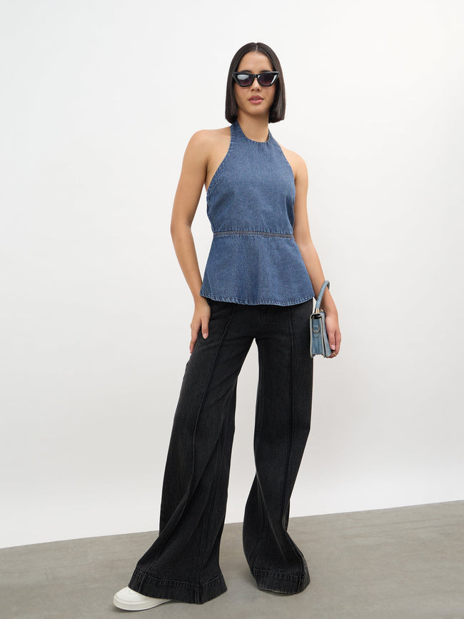 Women Blue Blast Tencel Halter Neck Peplum Top