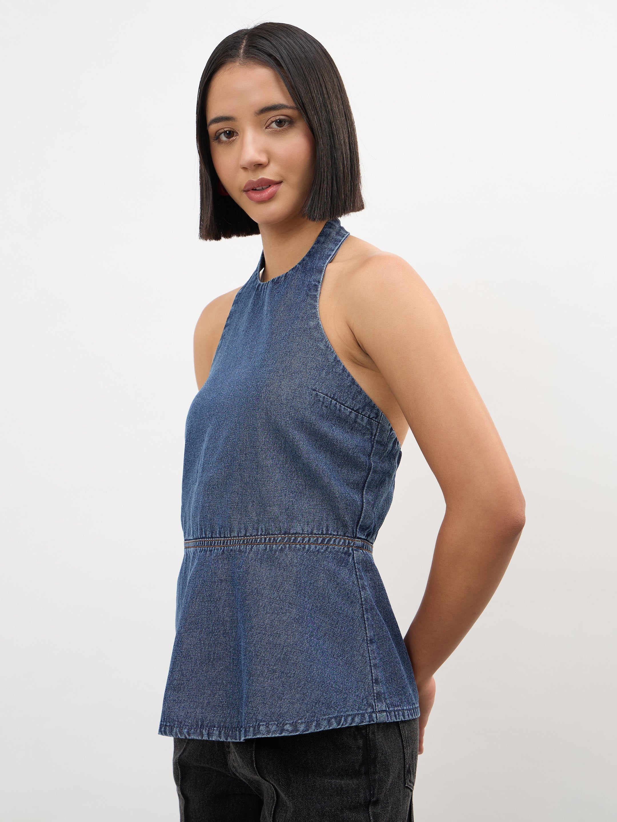 Women Blue Blast Tencel Halter Neck Peplum Top
