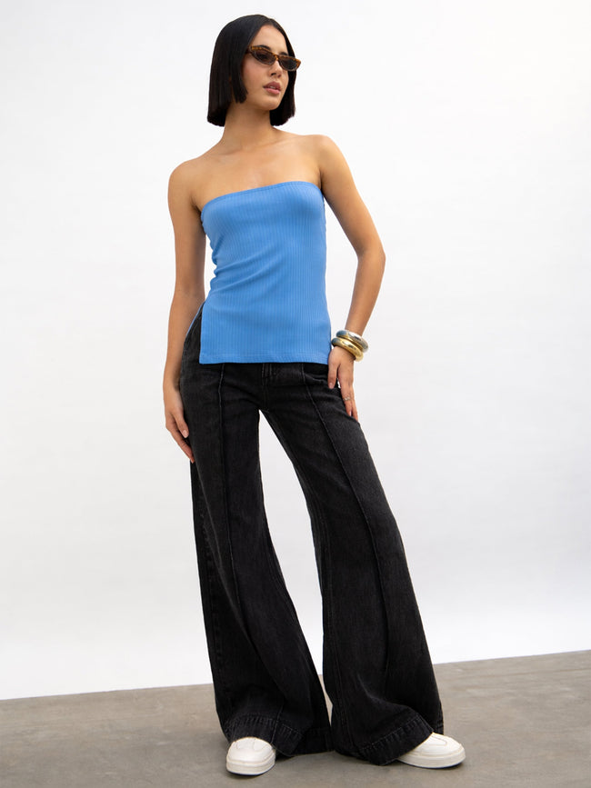Women Blue Rib Side Slit Tube Top