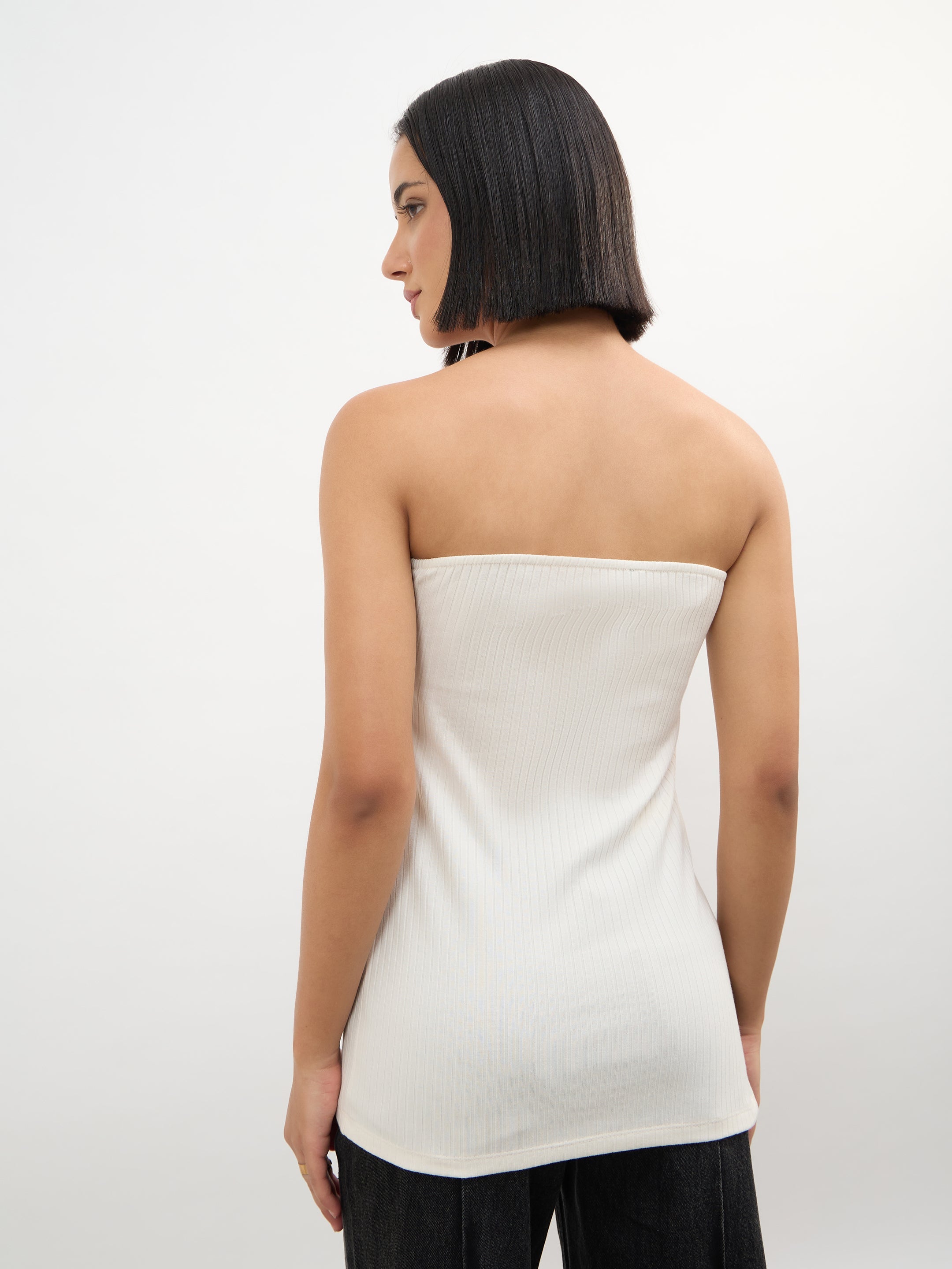 Women Off-White Rib Side Slit Tube Top