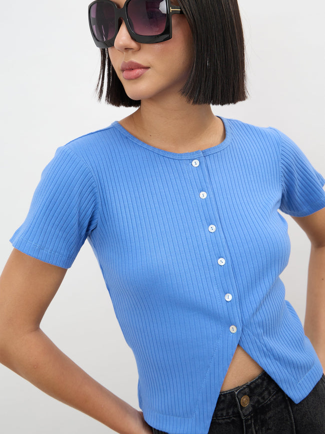 Women Blue Round Neck Button Down Top