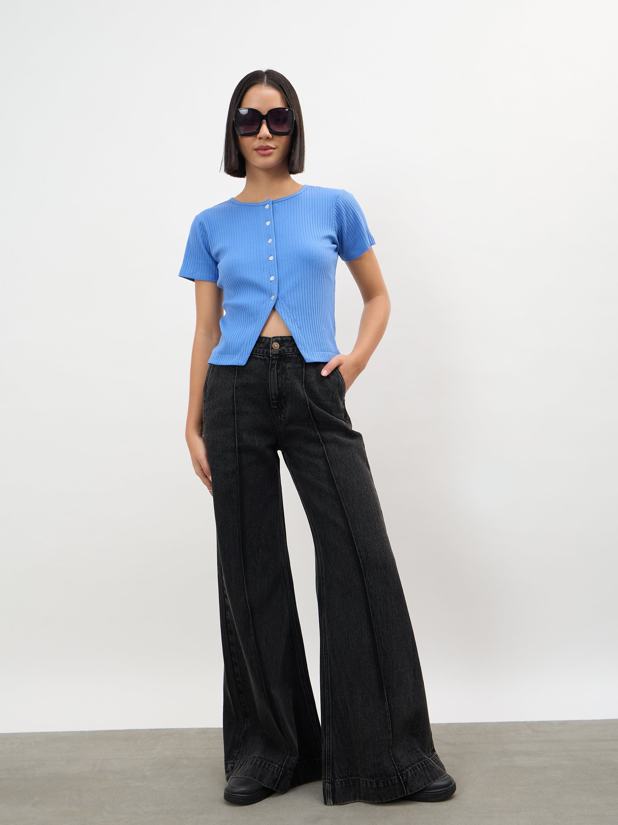 Women Blue Round Neck Button Down Top