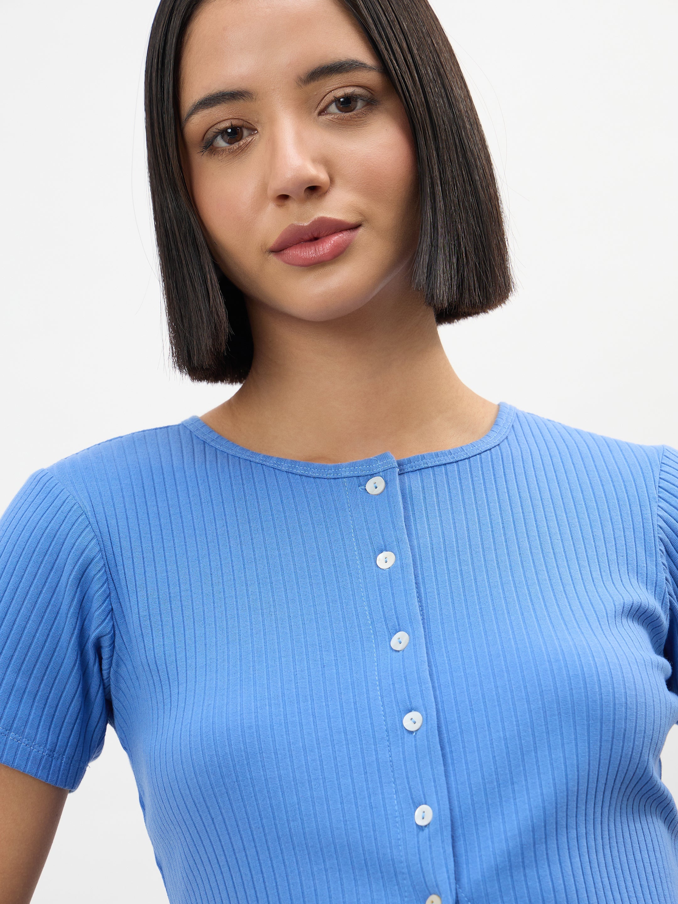 Women Blue Round Neck Button Down Top