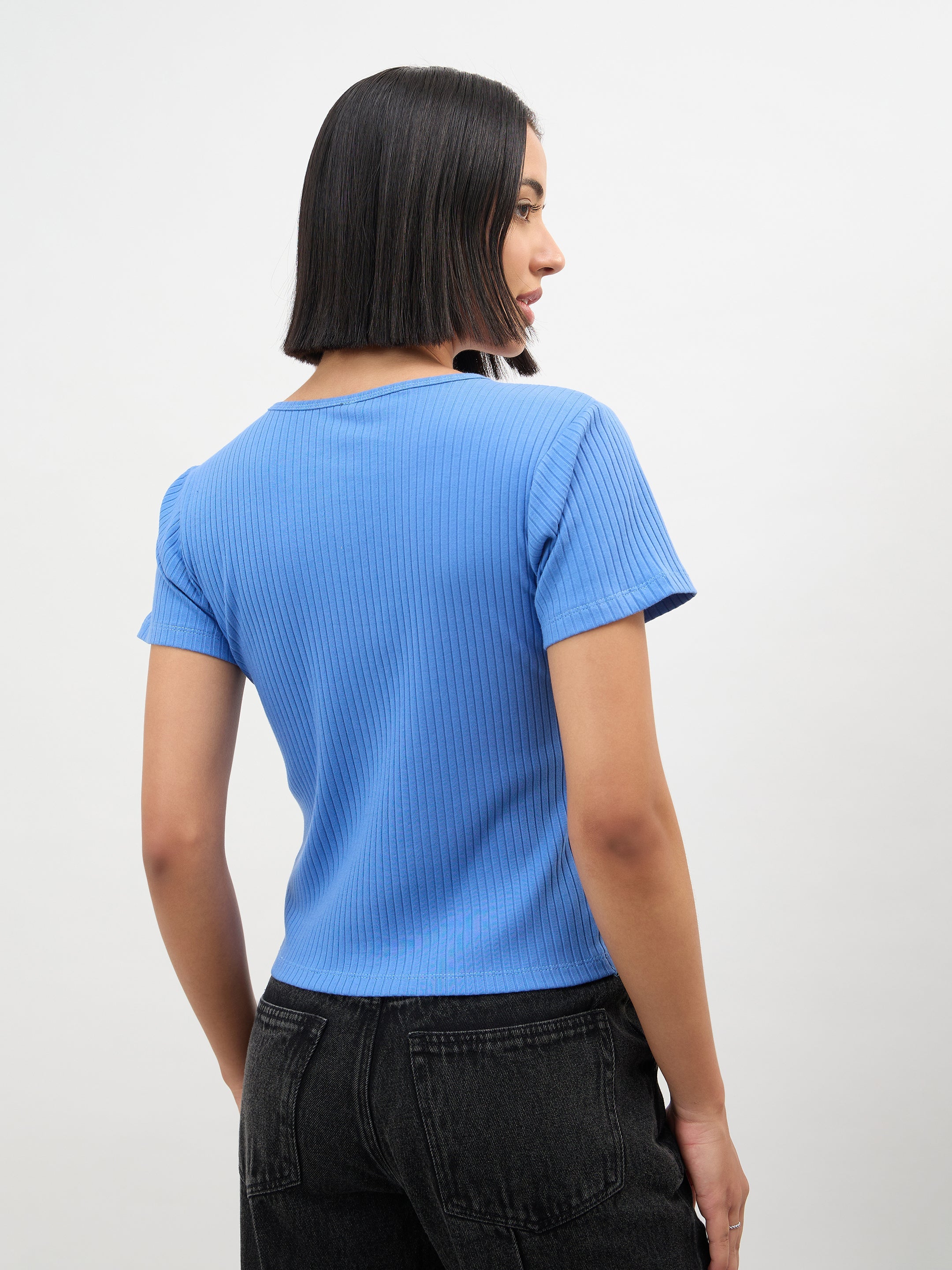 Women Blue Round Neck Button Down Top