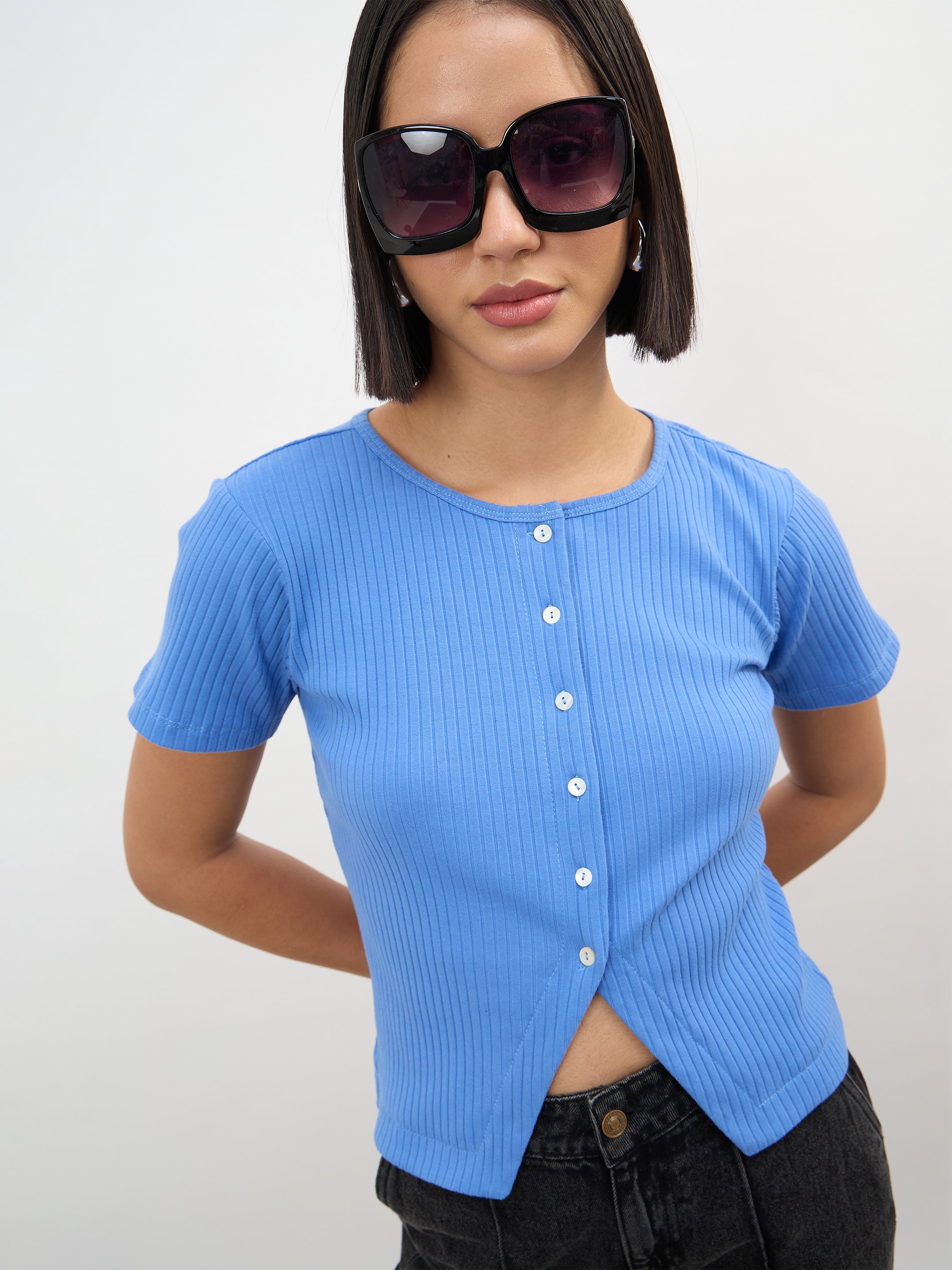 Women Blue Round Neck Button Down Top