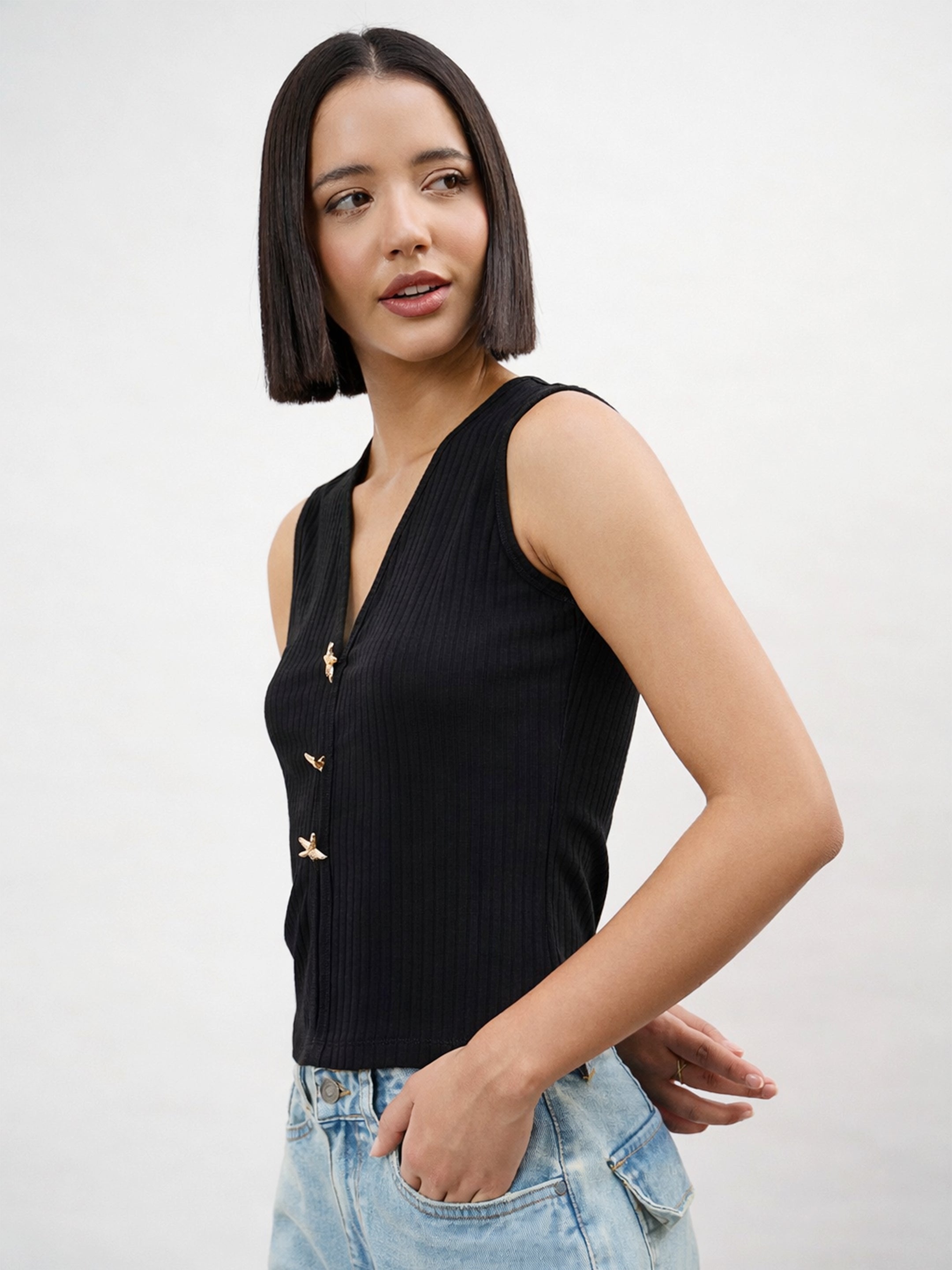 Women Black V-Neck Sleeveless Regular Top