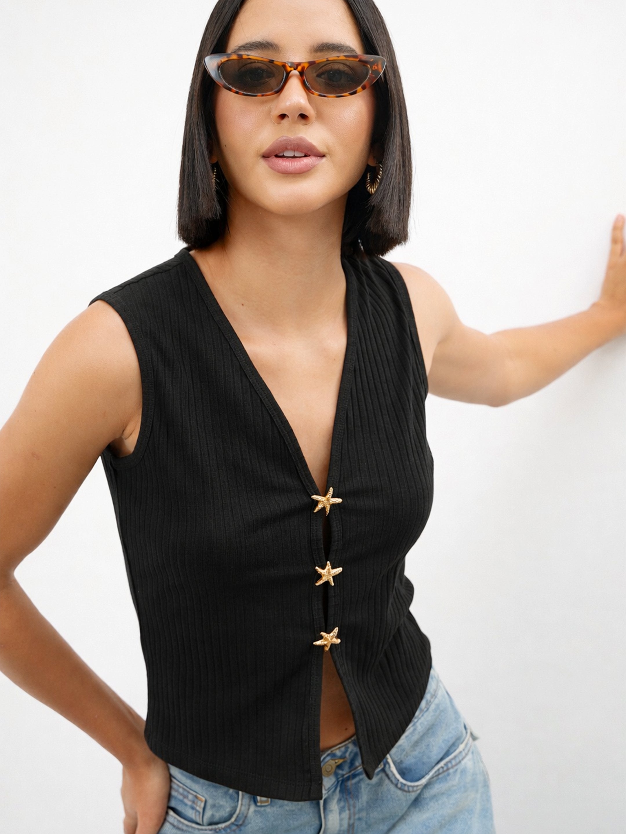 Women Black V-Neck Sleeveless Regular Top