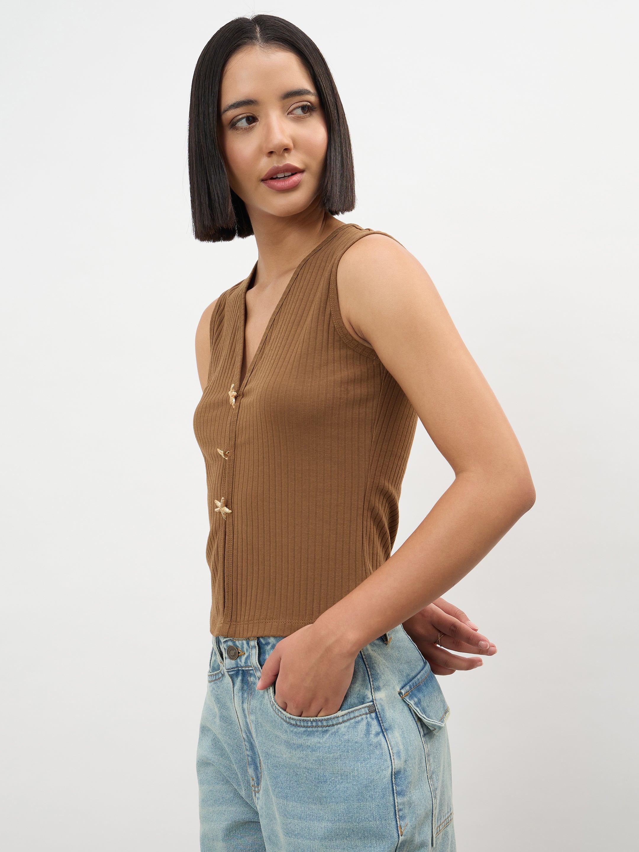 Women Brown V-Neck Sleeveless Regular Top