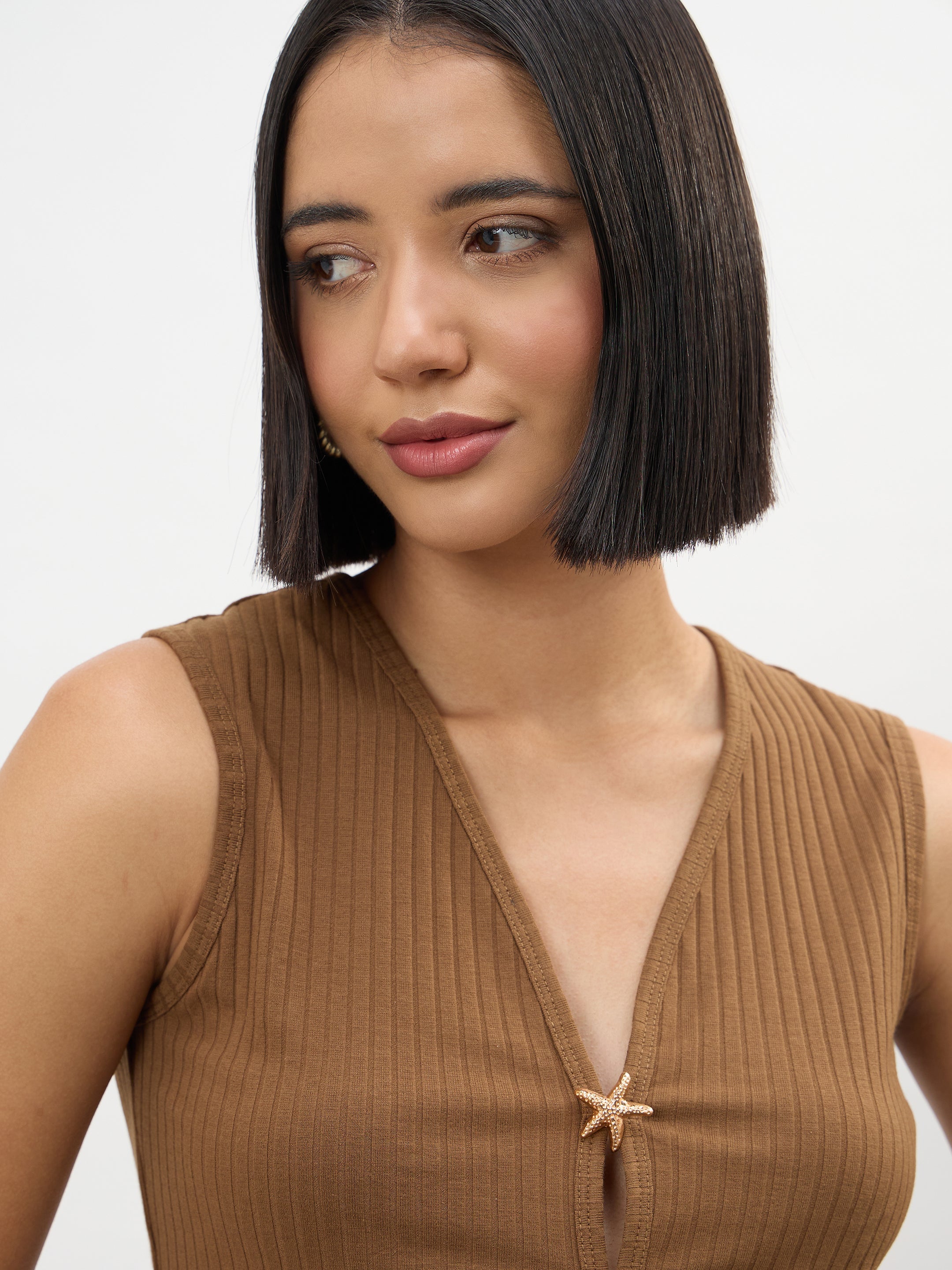 Women Brown V-Neck Sleeveless Regular Top