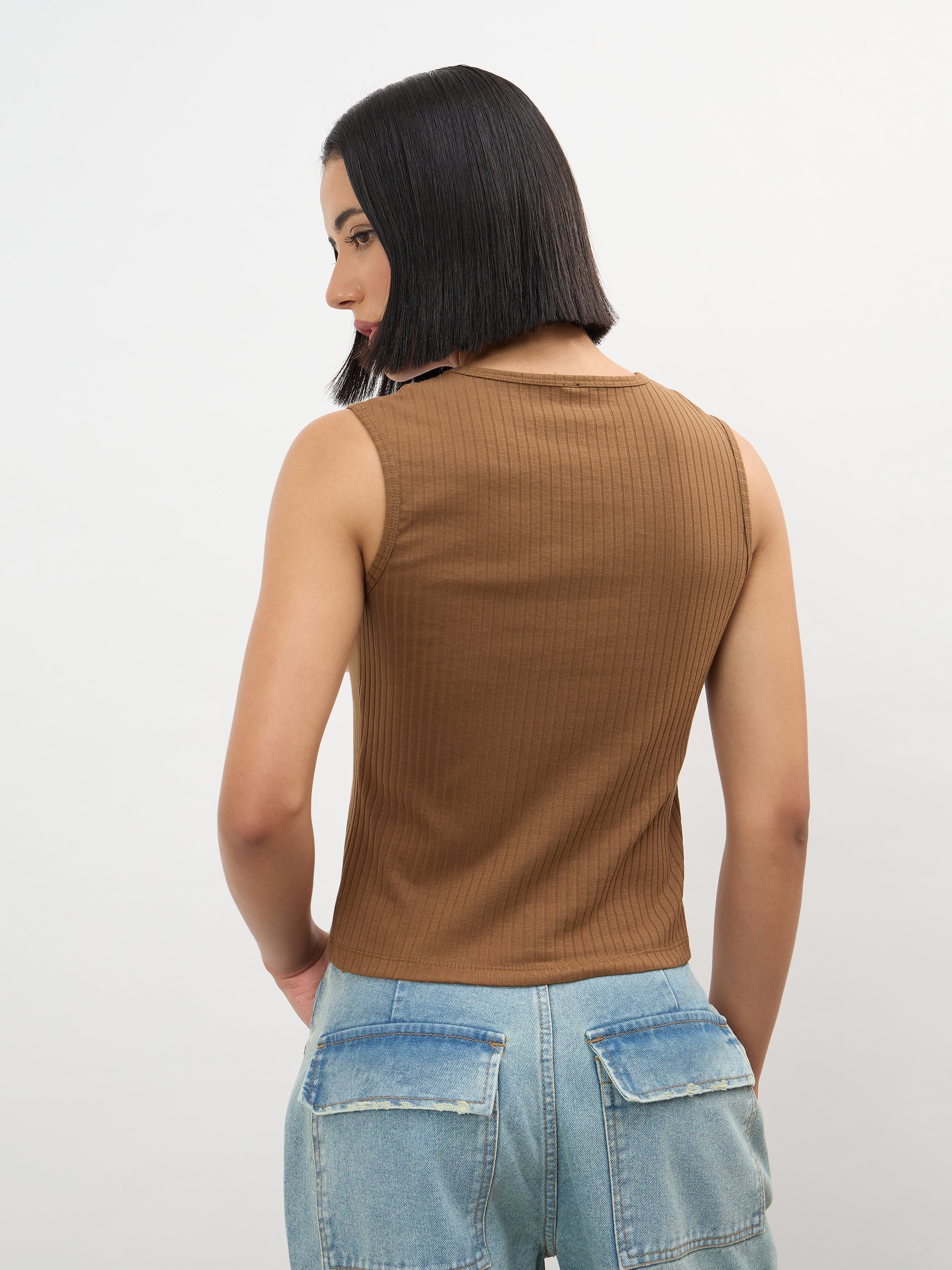 Women Brown V-Neck Sleeveless Regular Top