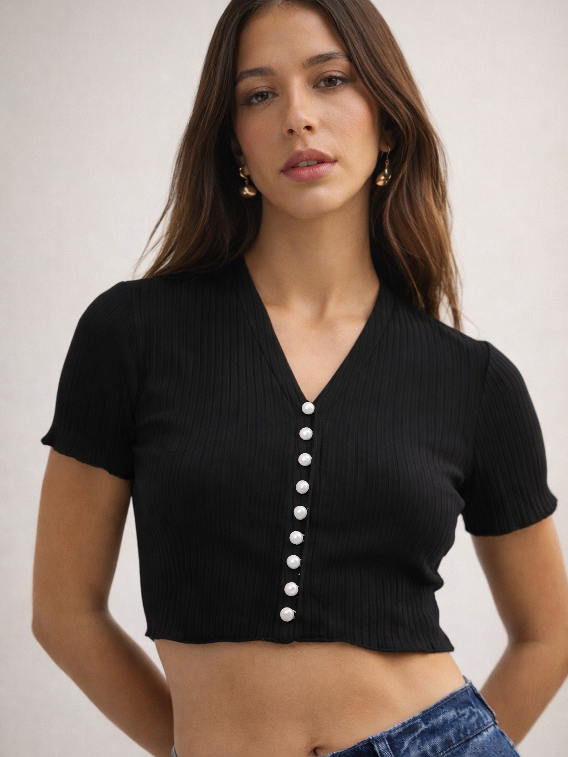 Women Black V-Neck Button Down Crop Top