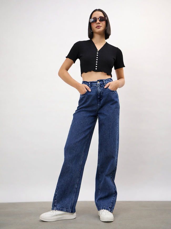 Women Black V-Neck Button Down Crop Top