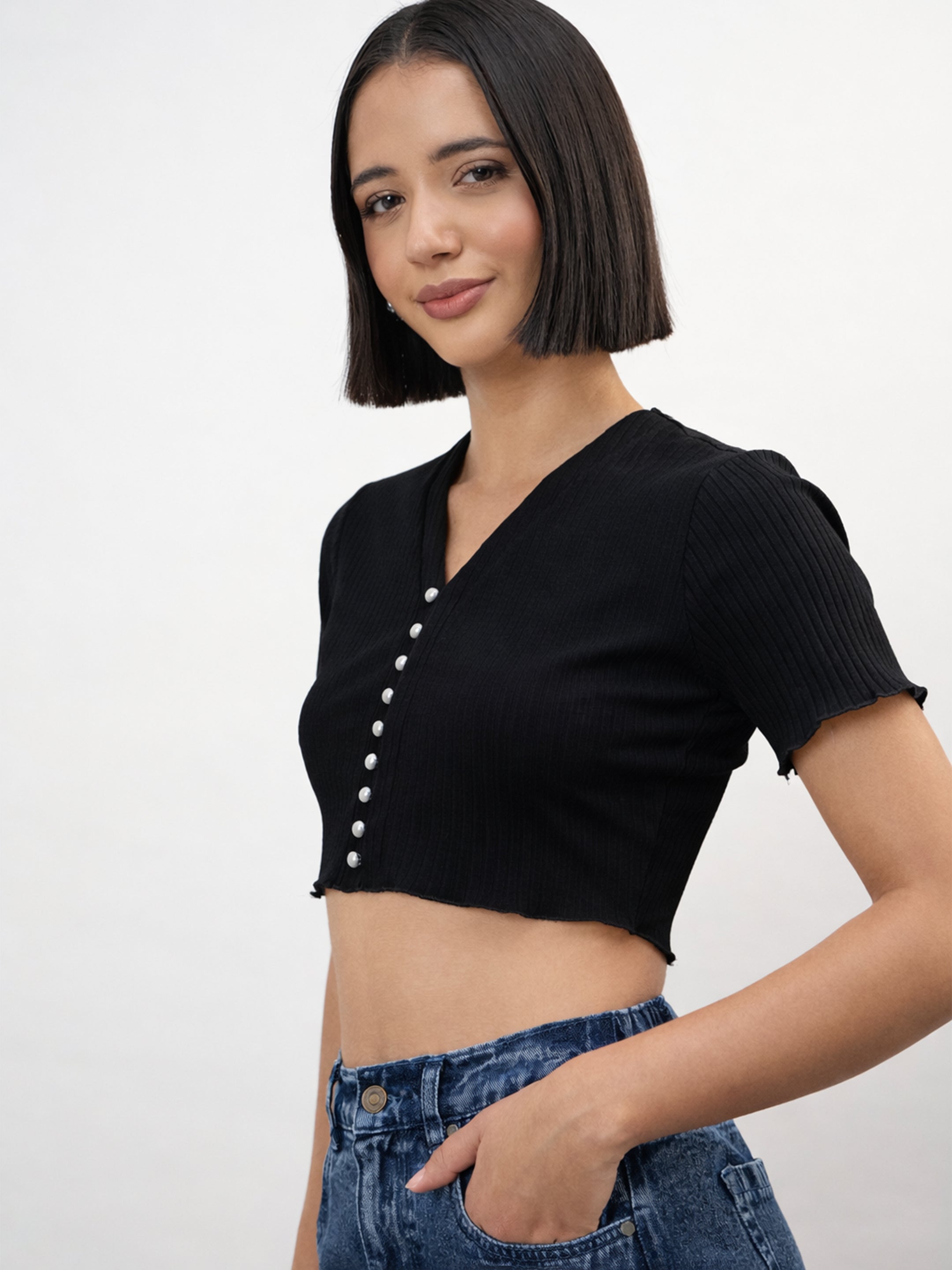 Women Black V-Neck Button Down Crop Top