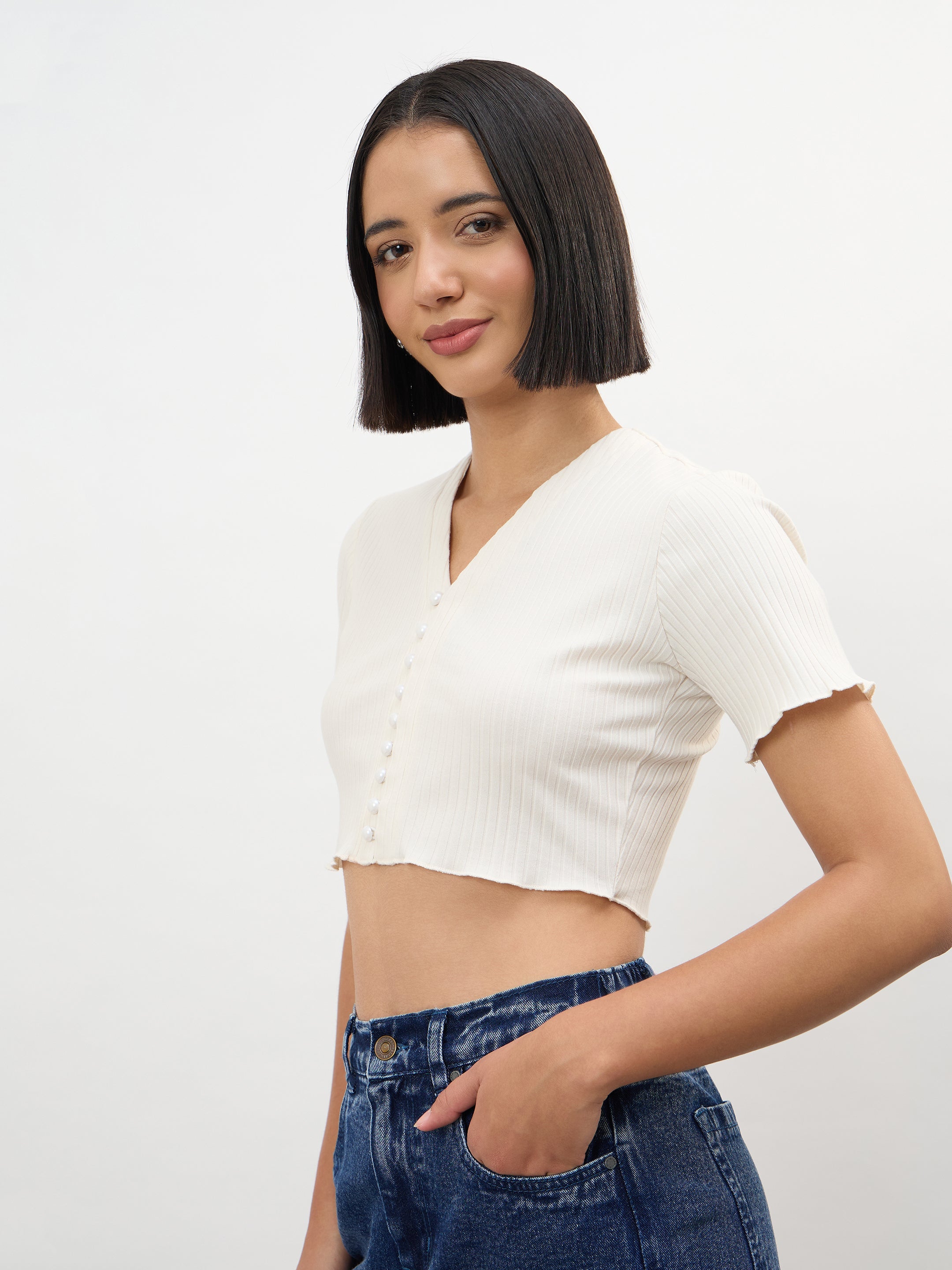 Women Off-White V-Neck Button Down Crop Top