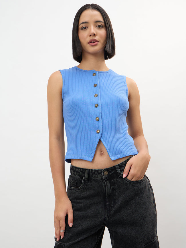 Women Blue Round Neck Button Down Sleeveless Top