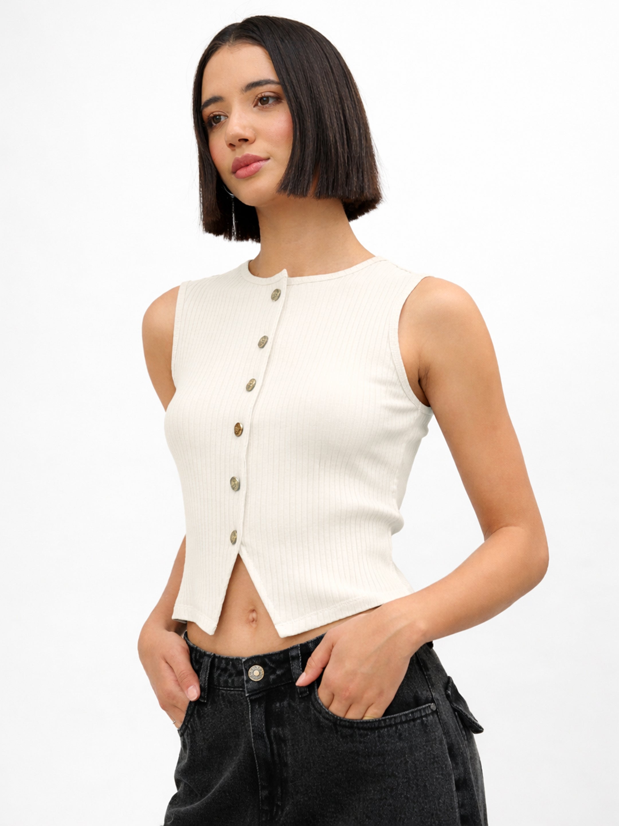 Women Off-White Round Neck Button Down Sleeveless Top