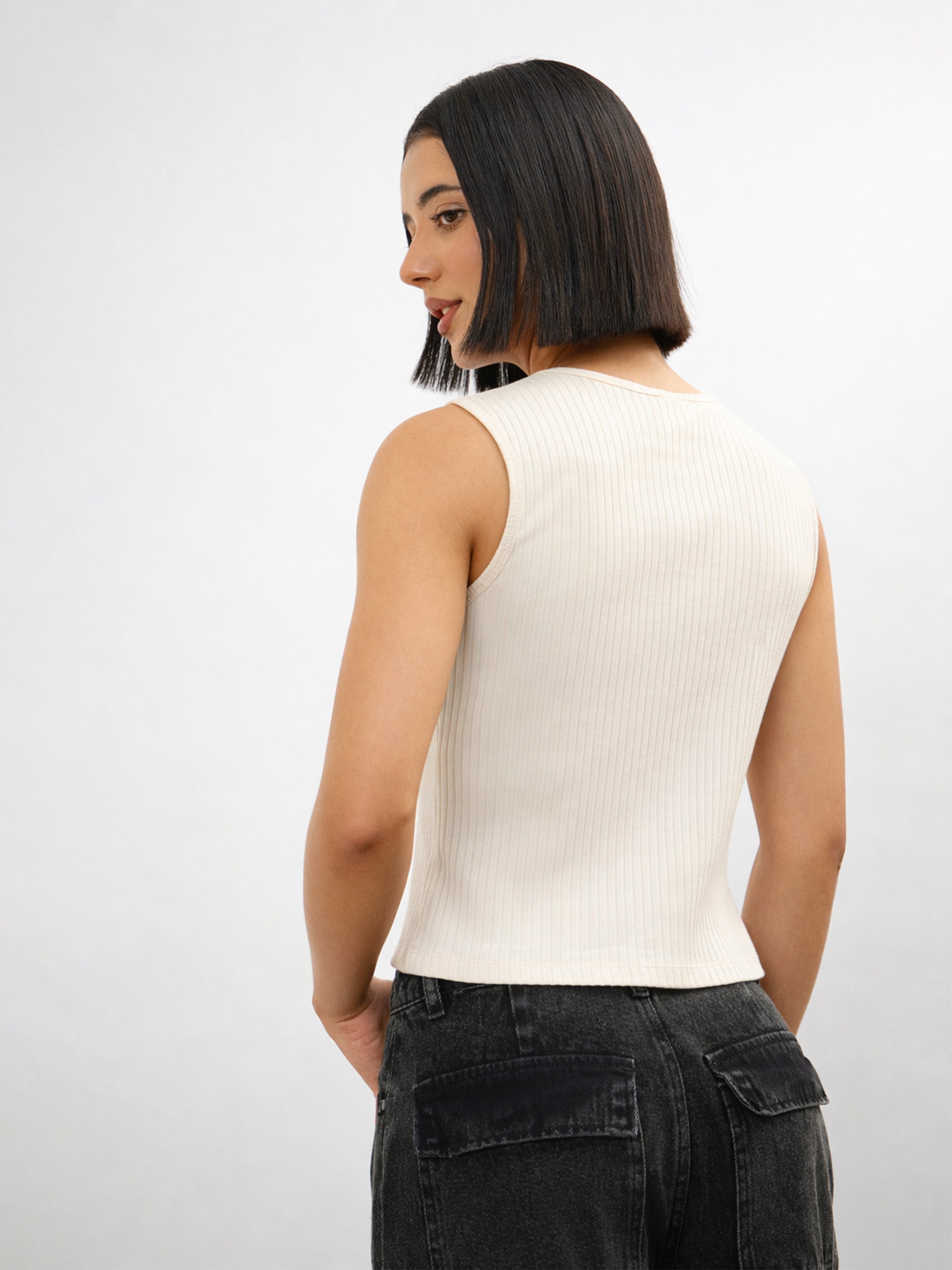 Women Off-White Round Neck Button Down Sleeveless Top