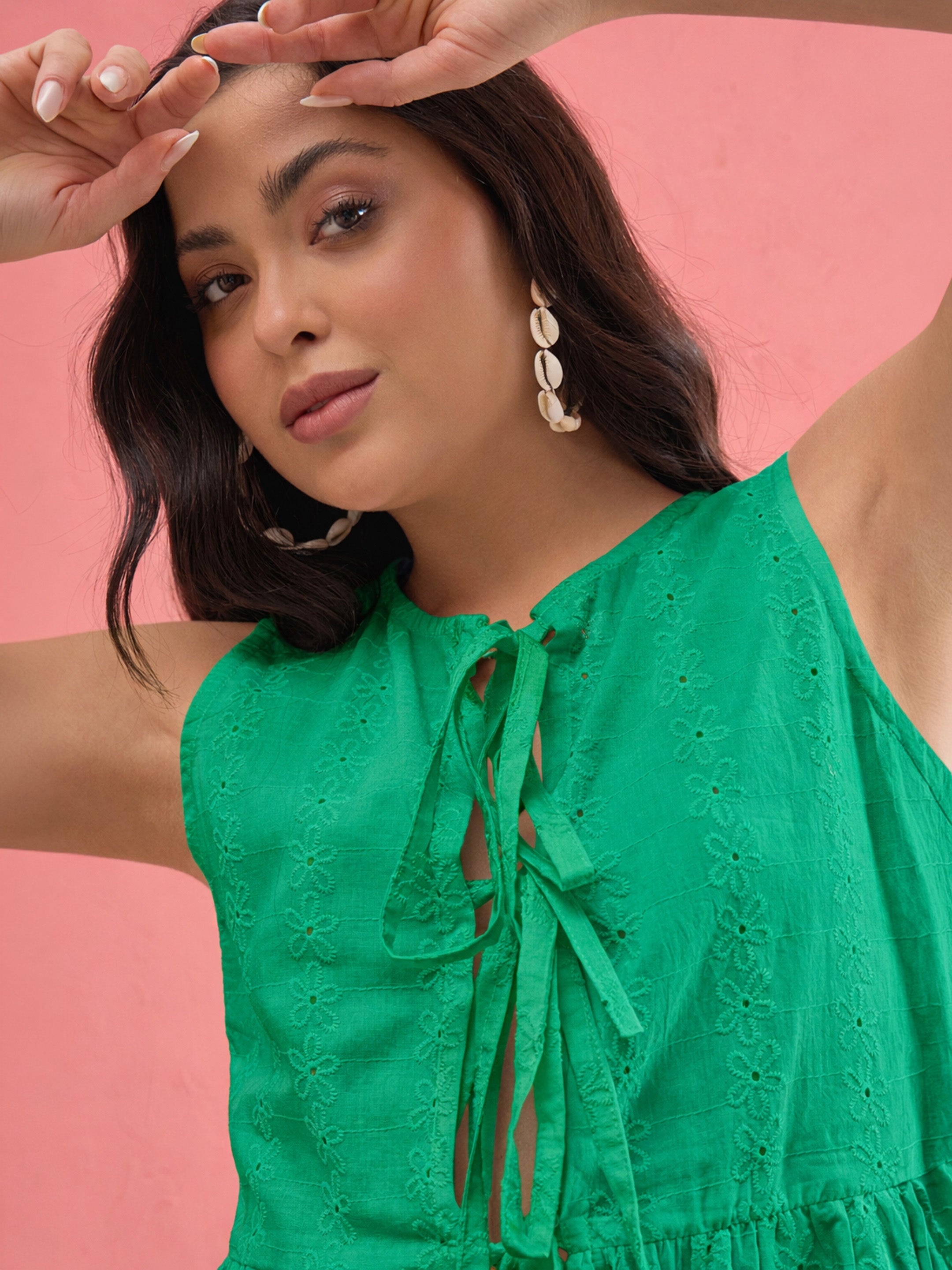 Women Green Schiffli Front Knot Sleeveless Peplum Top