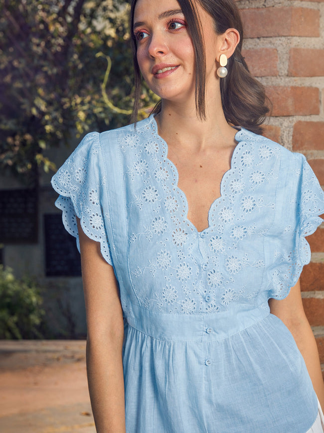 Women Blue Schiffli V-Neck Top