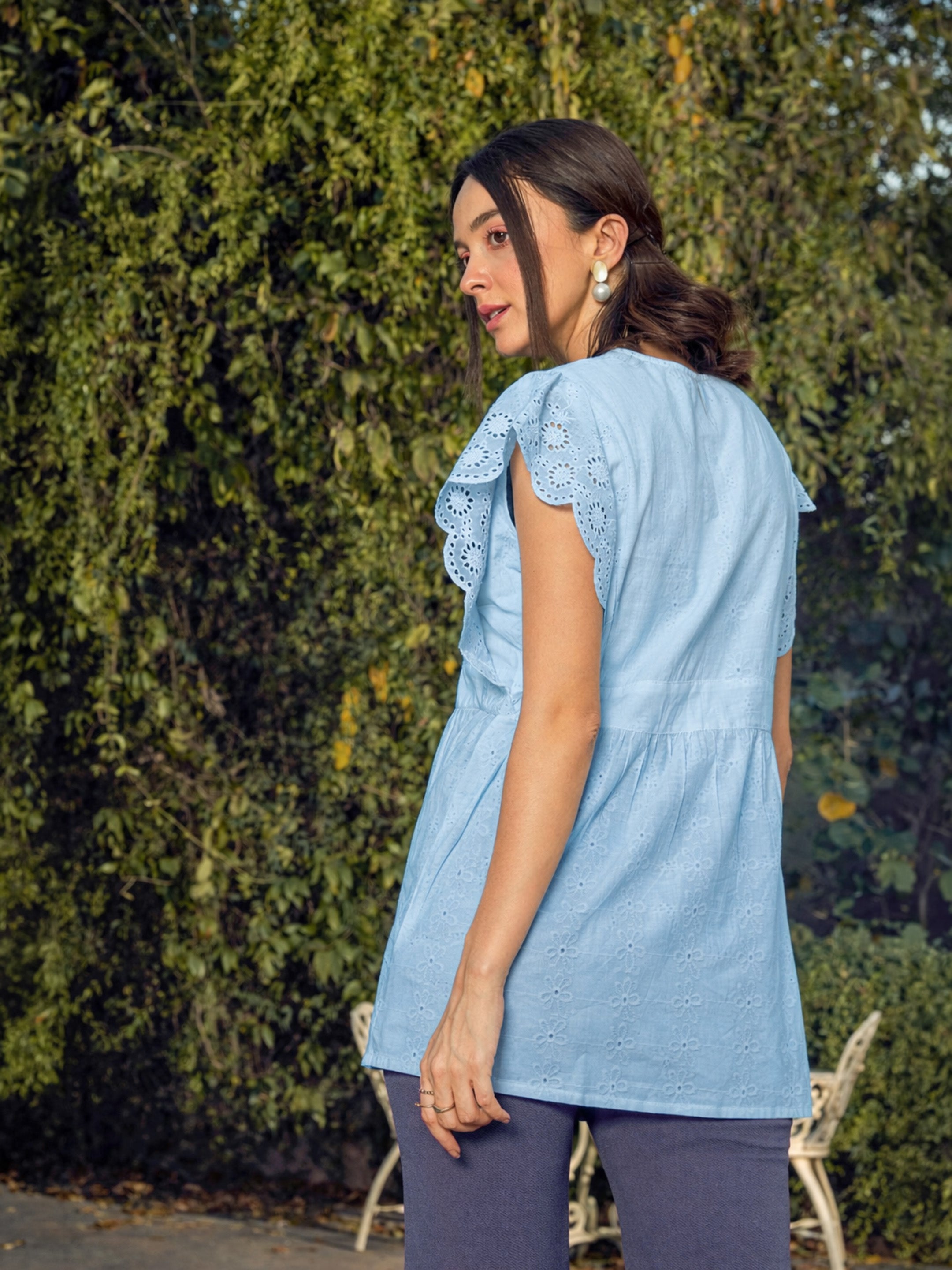 Women Blue Schiffli V-Neck Top