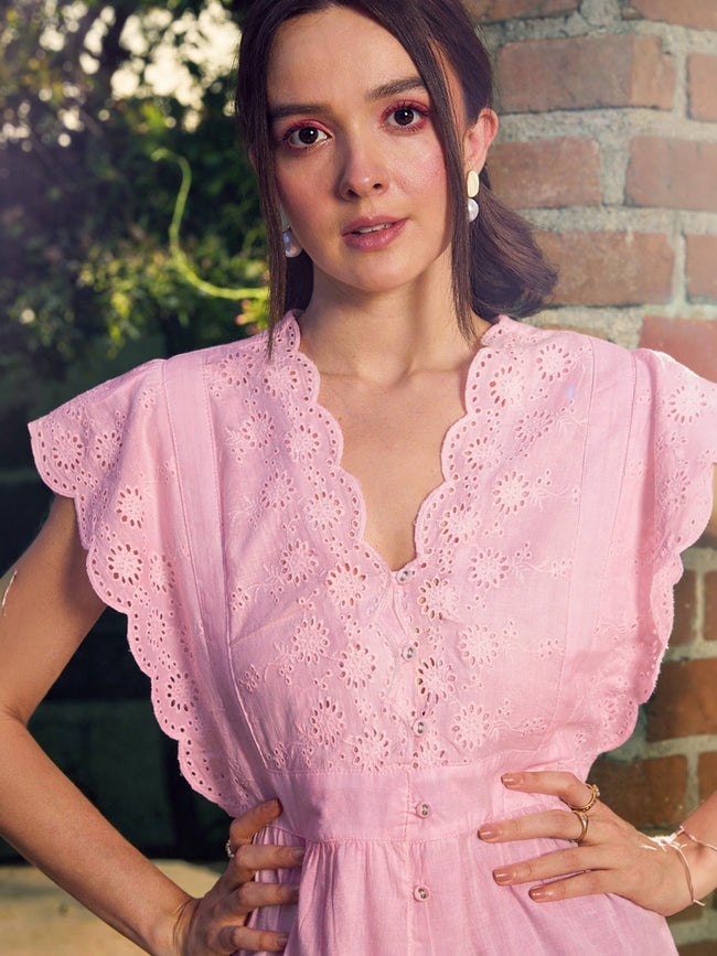 Women Pink Schiffli V-Neck Top