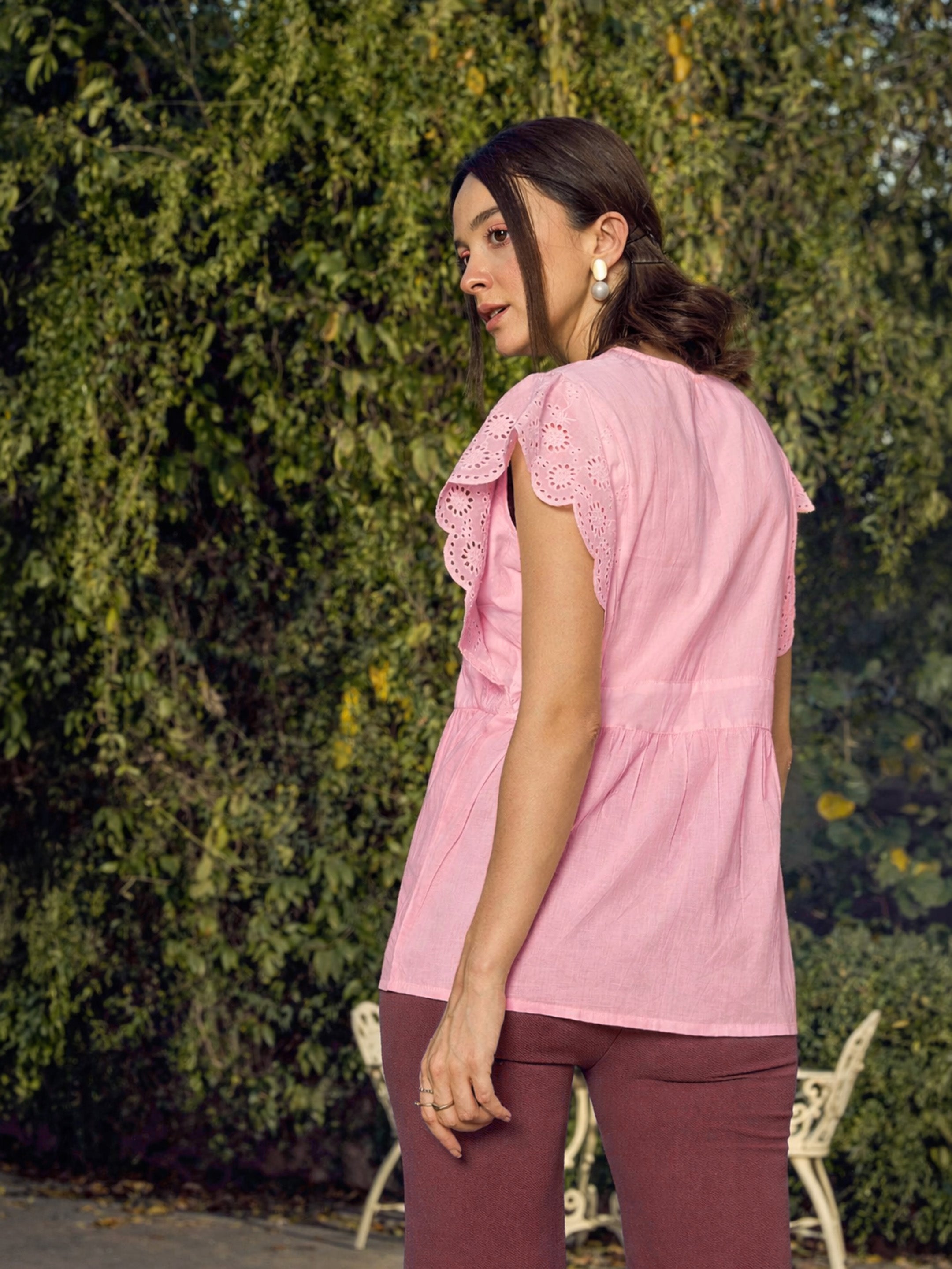 Women Pink Schiffli V-Neck Top