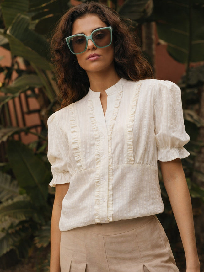 Women White Frill Placket Regular Top