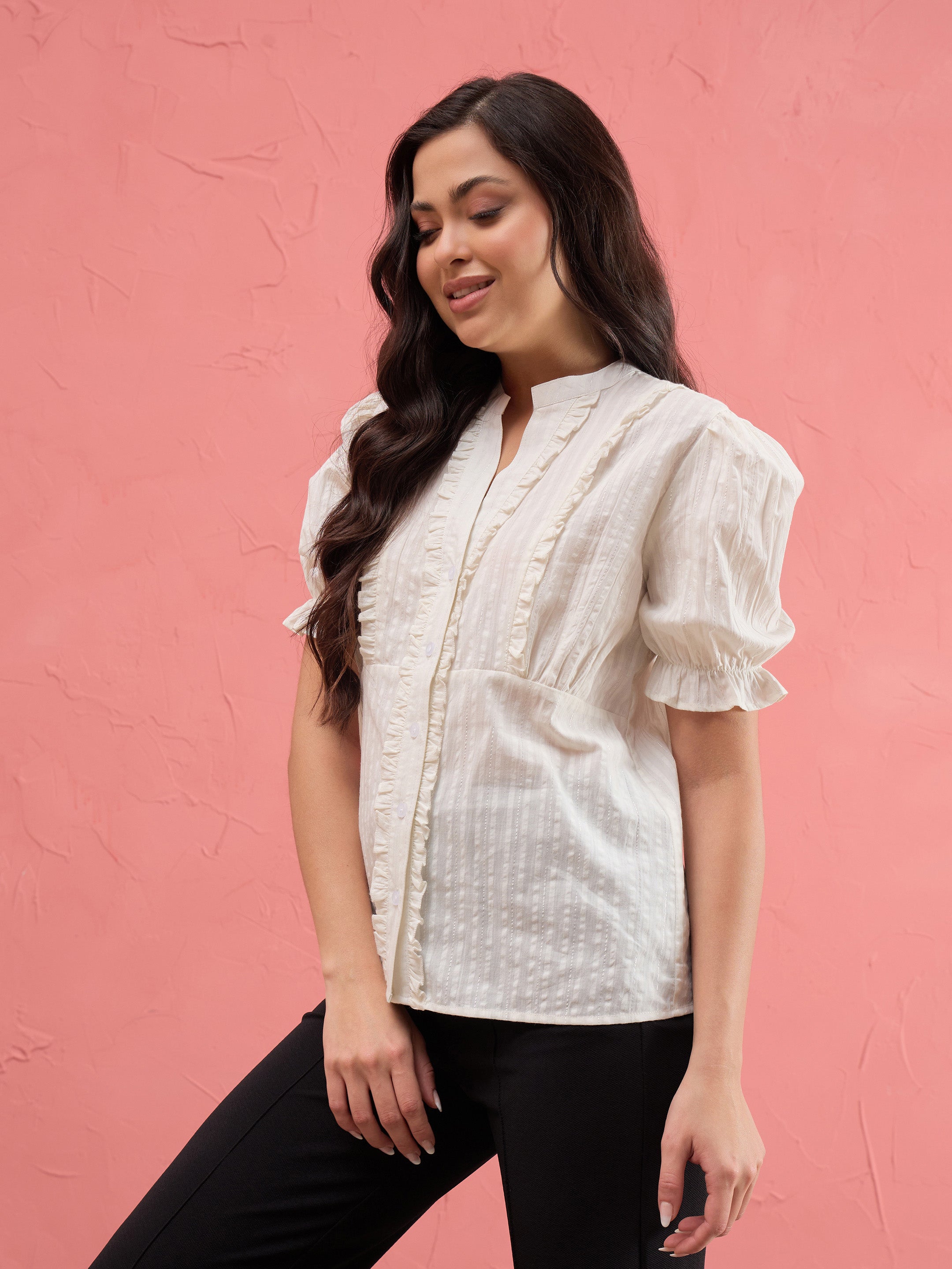 Women White Frill Placket Regular Top