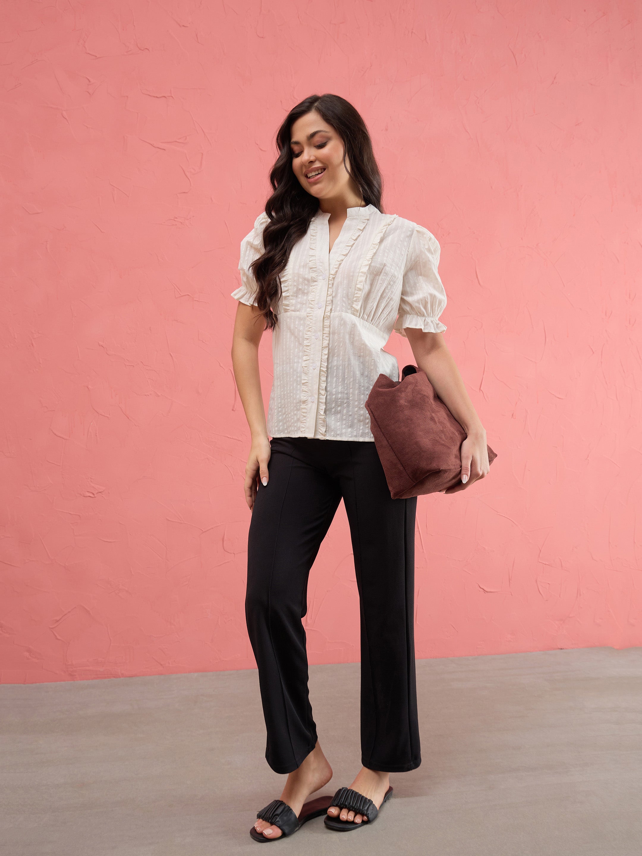 Women White Frill Placket Regular Top