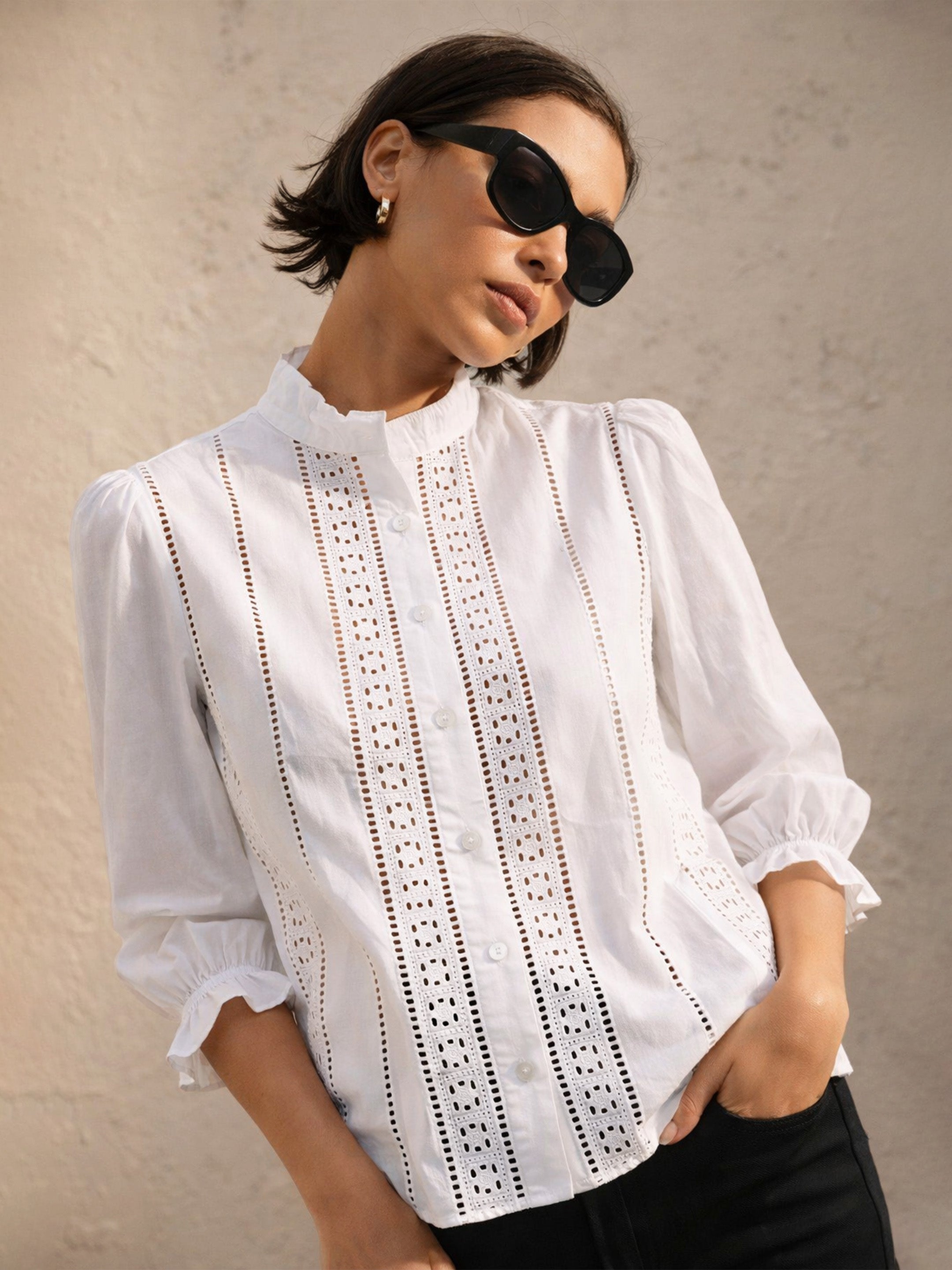 Women White Poplin Mandarin Collar Lace Top