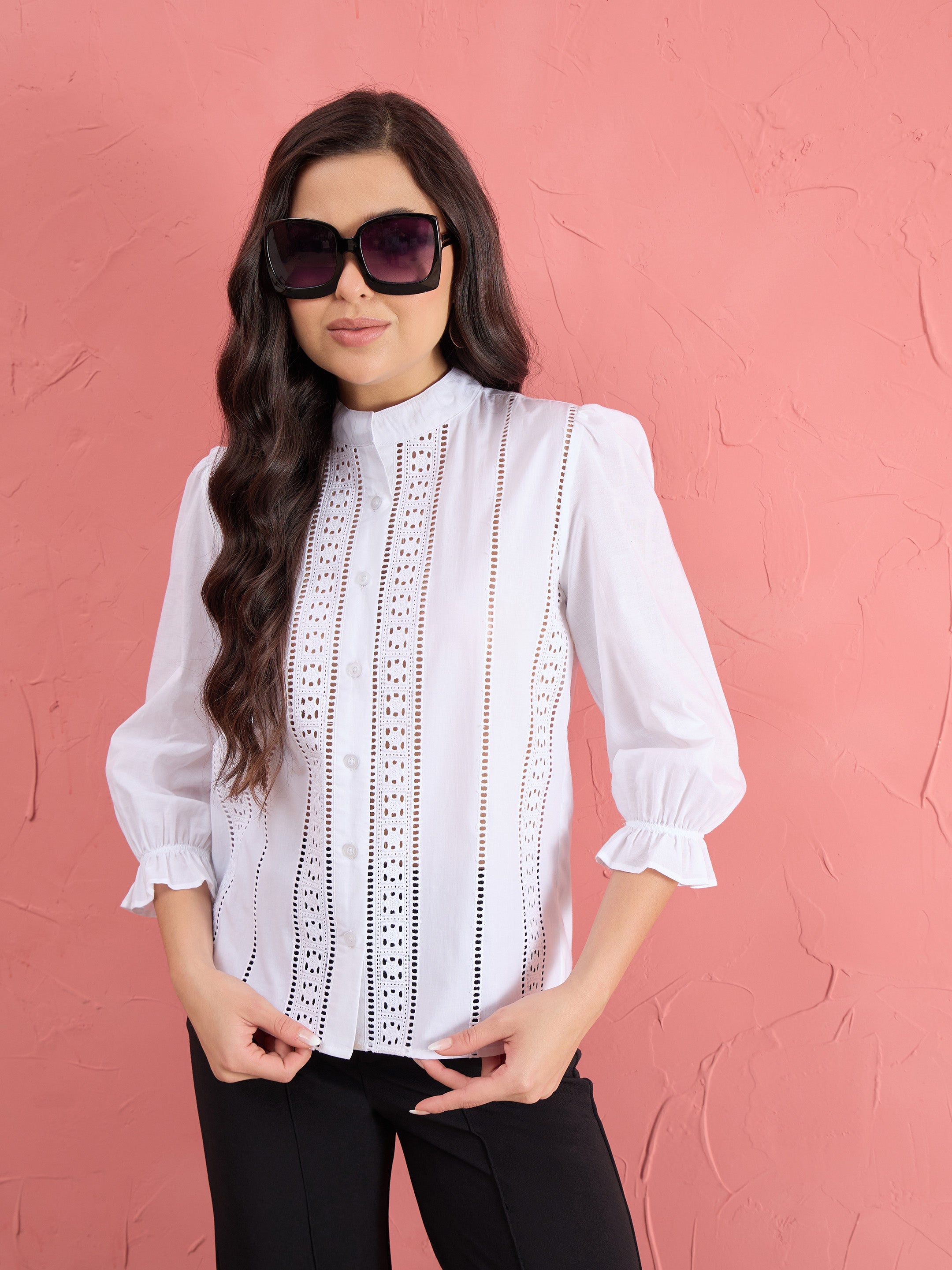 Women White Poplin Mandarin Collar Lace Top