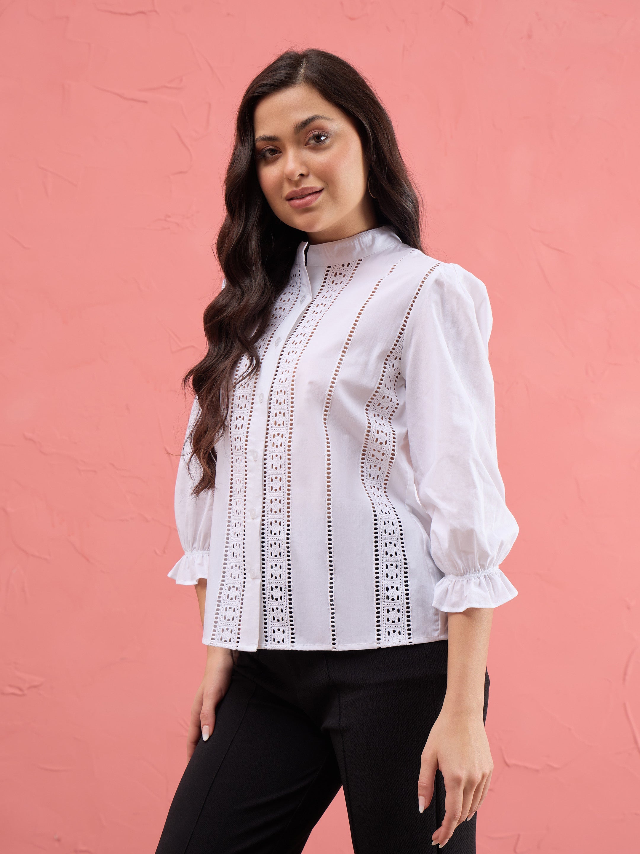 Women White Poplin Mandarin Collar Lace Top