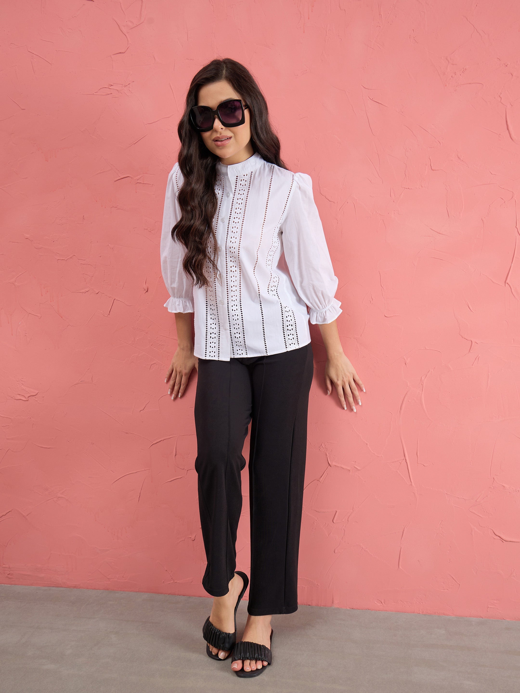Women White Poplin Mandarin Collar Lace Top