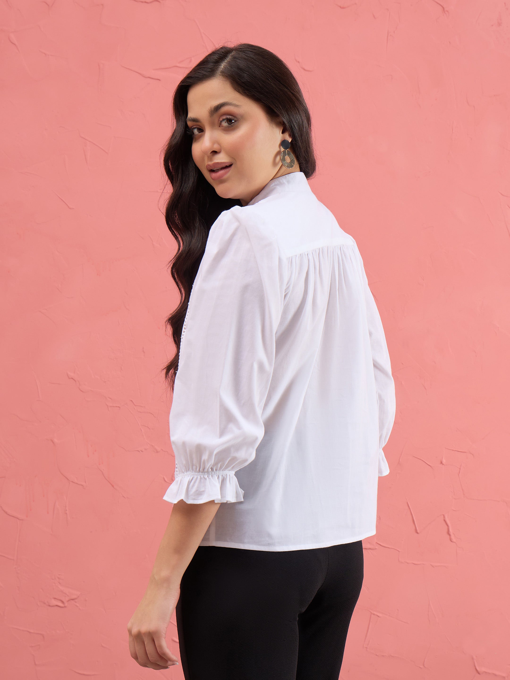 Women White Poplin Mandarin Collar Lace Top