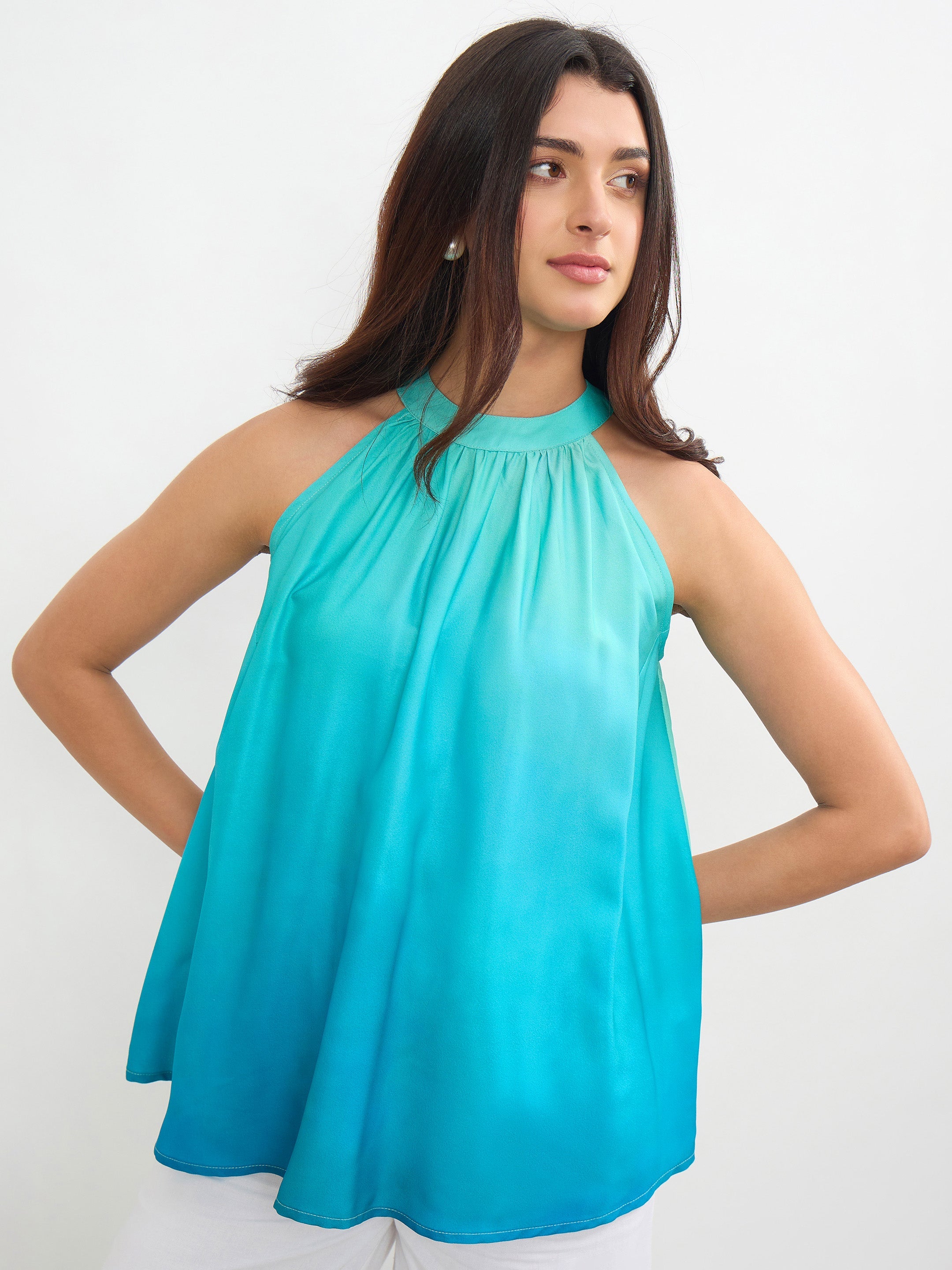 Women Sea Green Ombree Halter Neck A-Line Top