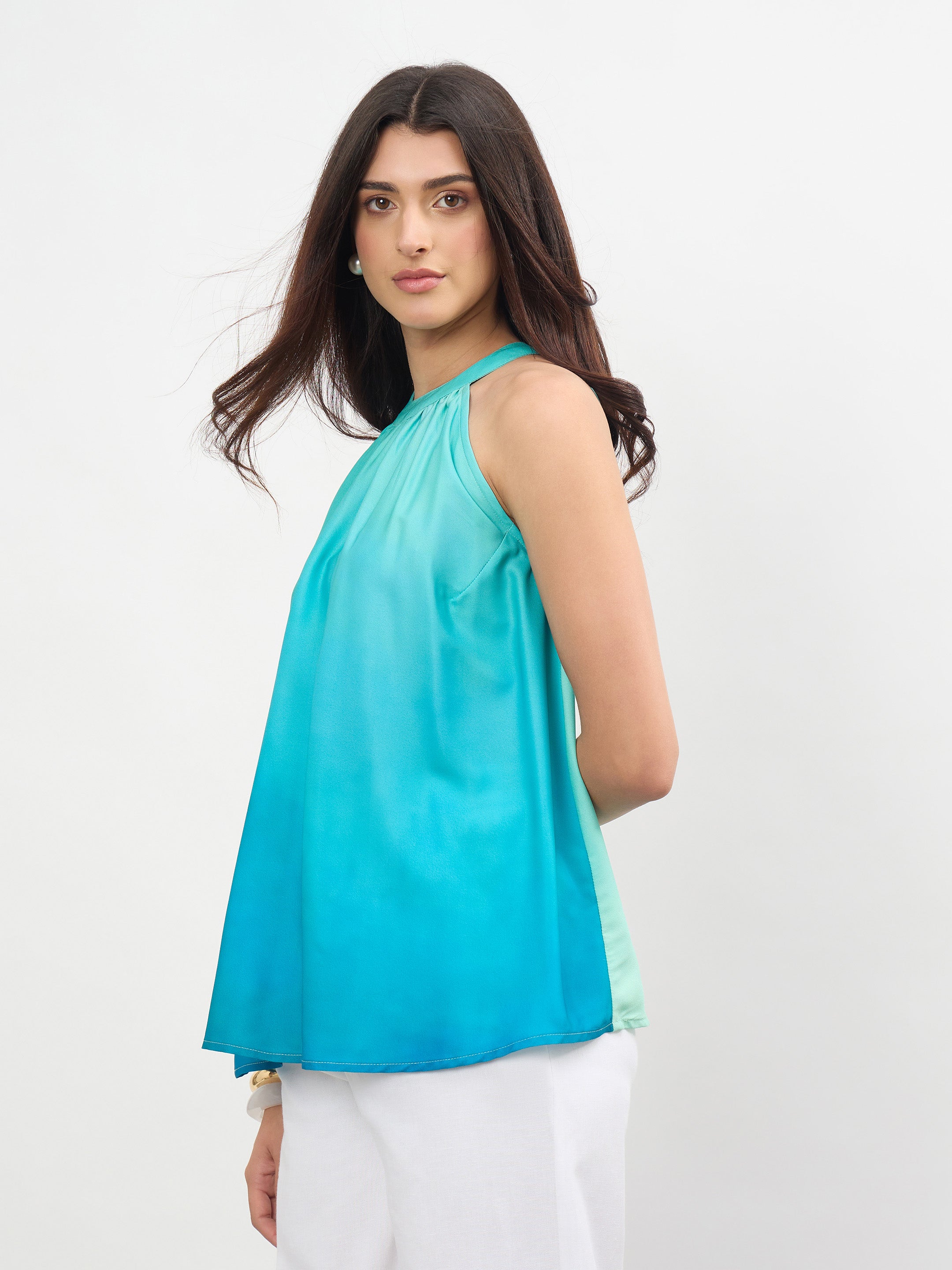 Women Sea Green Ombree Halter Neck A-Line Top