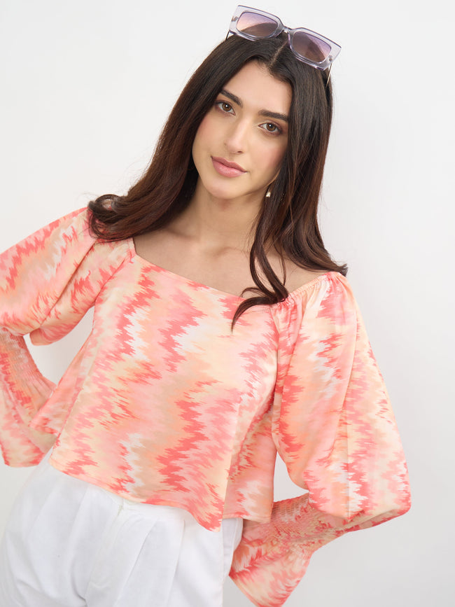Women Orange Ikat Print Square Neck Regular Top