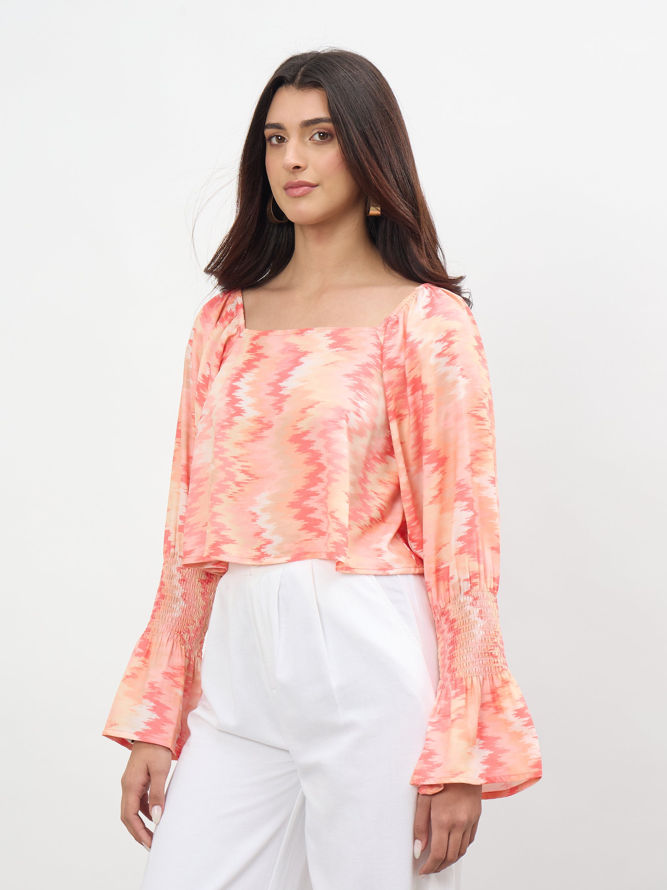 Women Orange Ikat Print Square Neck Regular Top