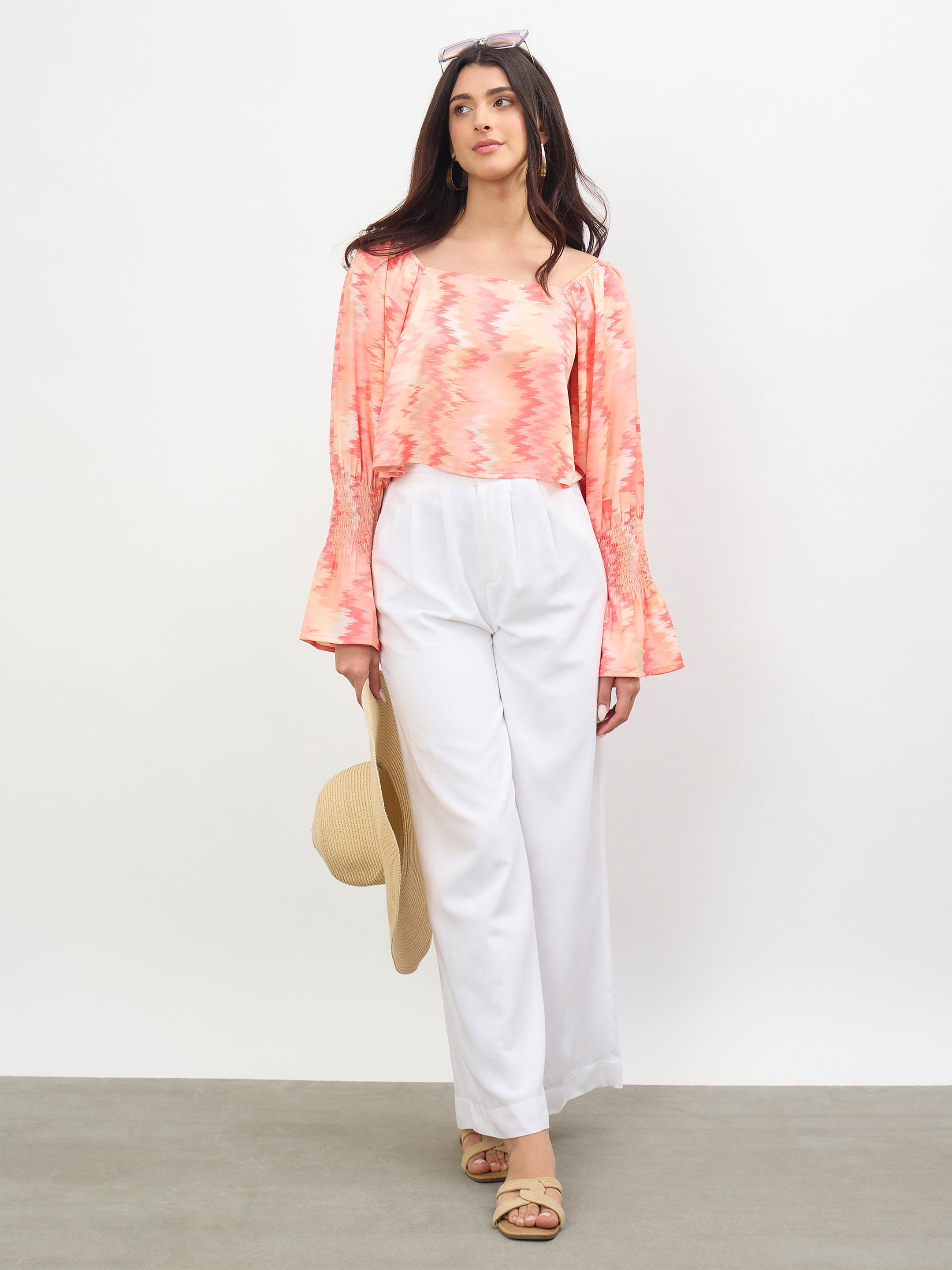 Women Orange Ikat Print Square Neck Regular Top